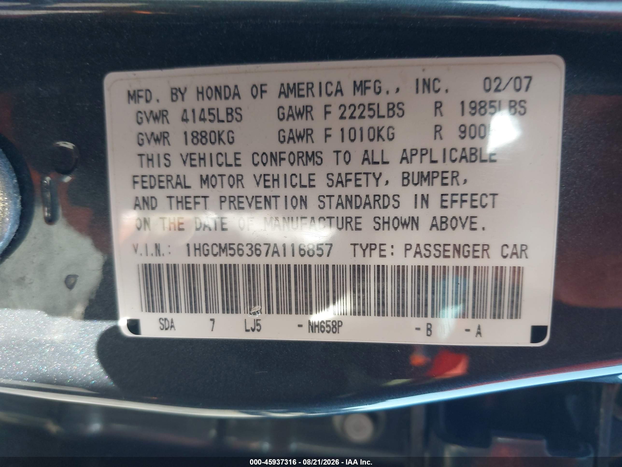 2007 Honda Accord 2.4 Se Gray vin: 1HGCM56367A116857