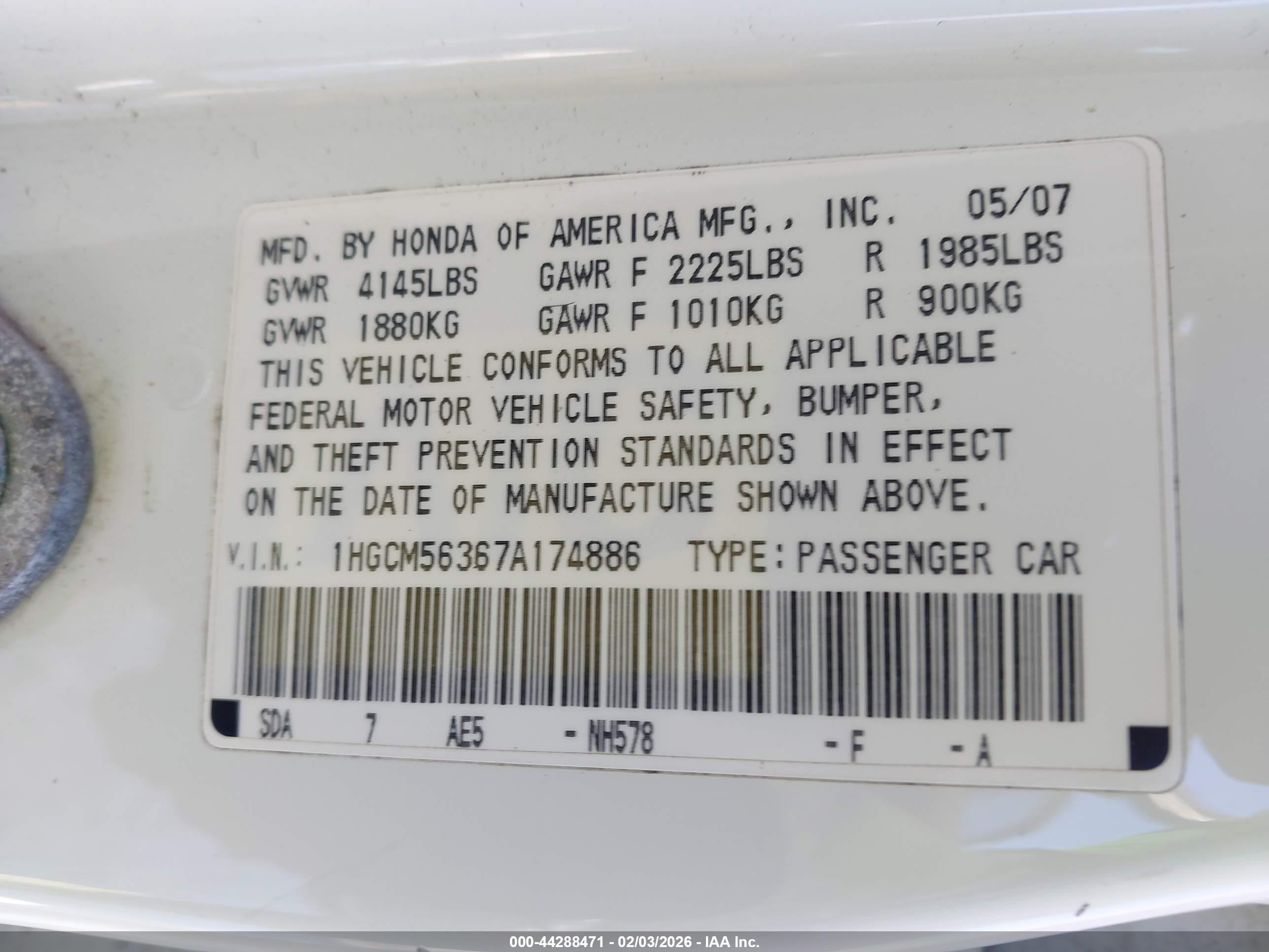 2007 Honda Accord 2.4 Se White vin: 1HGCM56367A174886