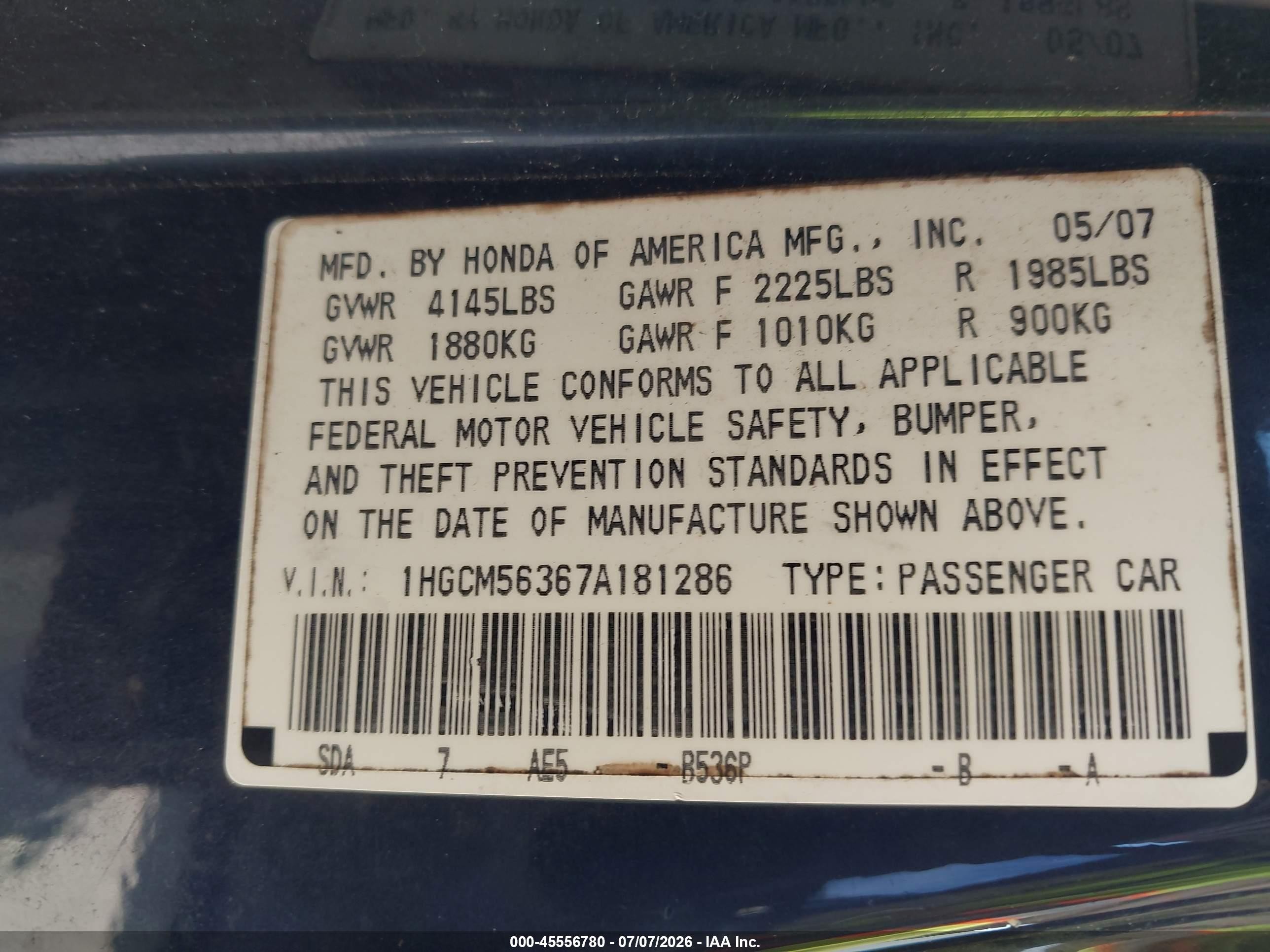 2007 Honda Accord 2.4 Se Blue vin: 1HGCM56367A181286