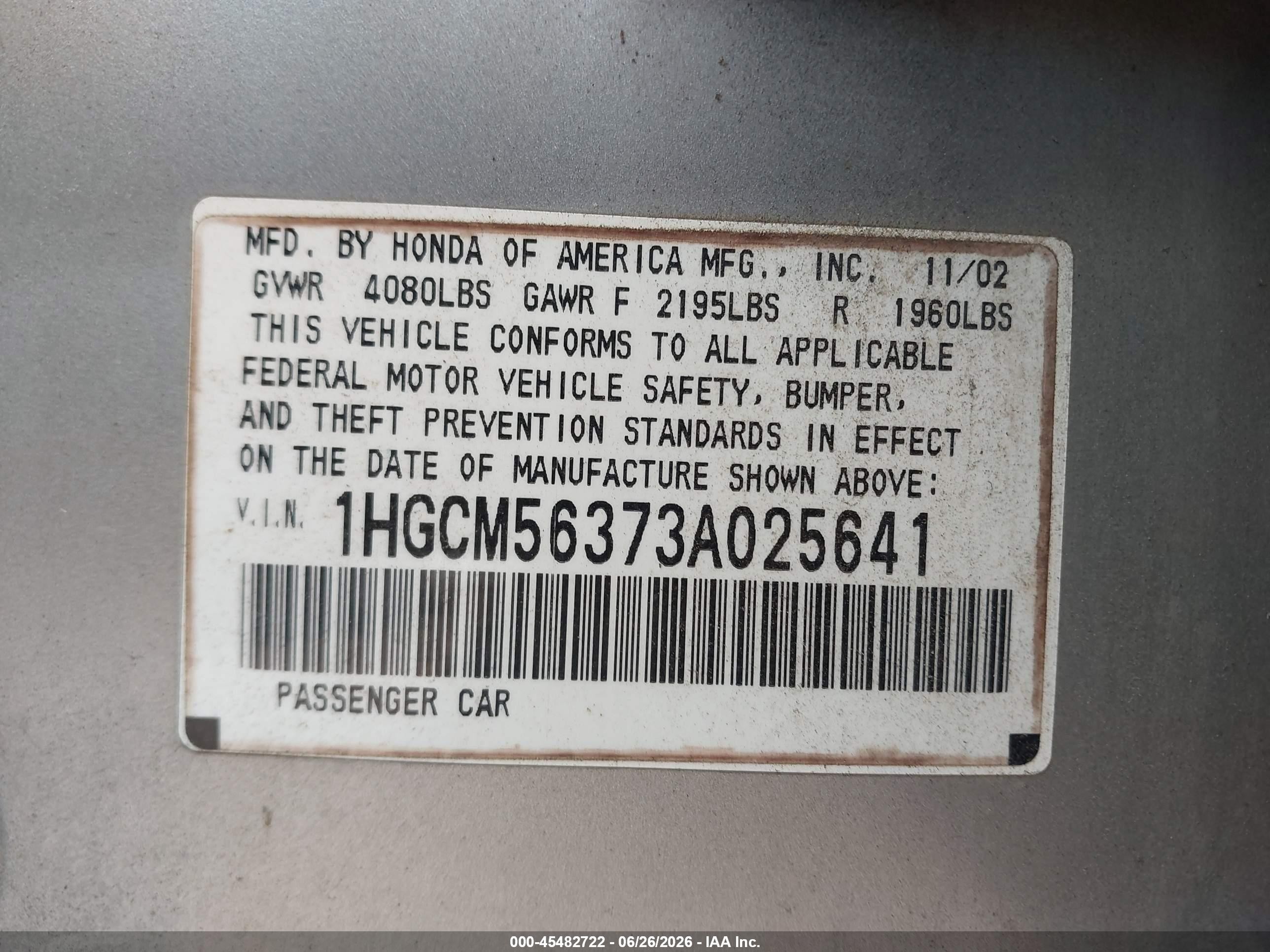 2003 Honda Accord Sdn Lx Silver vin: 1HGCM56373A025641