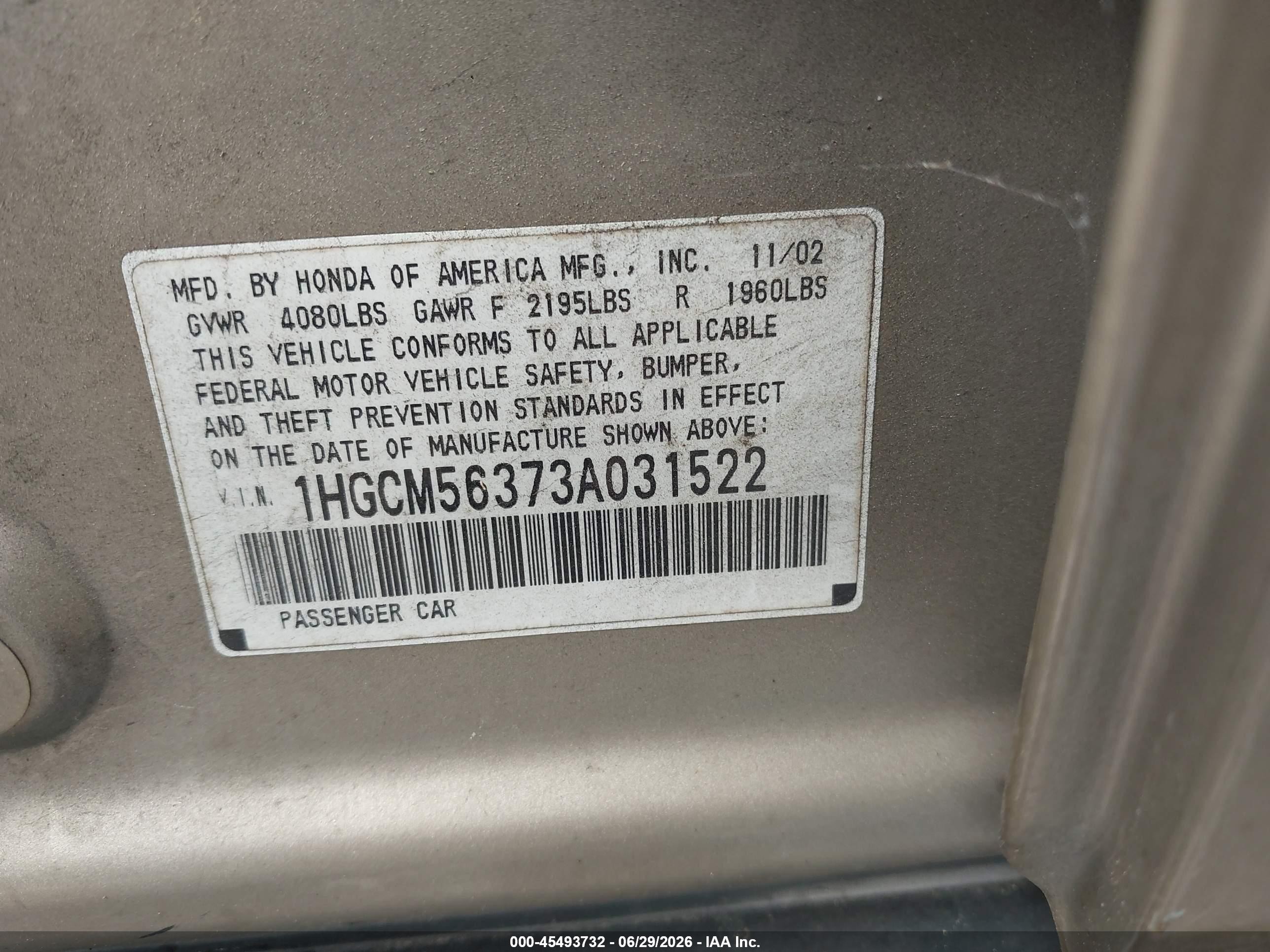2003 Honda Accord 2.4 Lx Beige vin: 1HGCM56373A031522