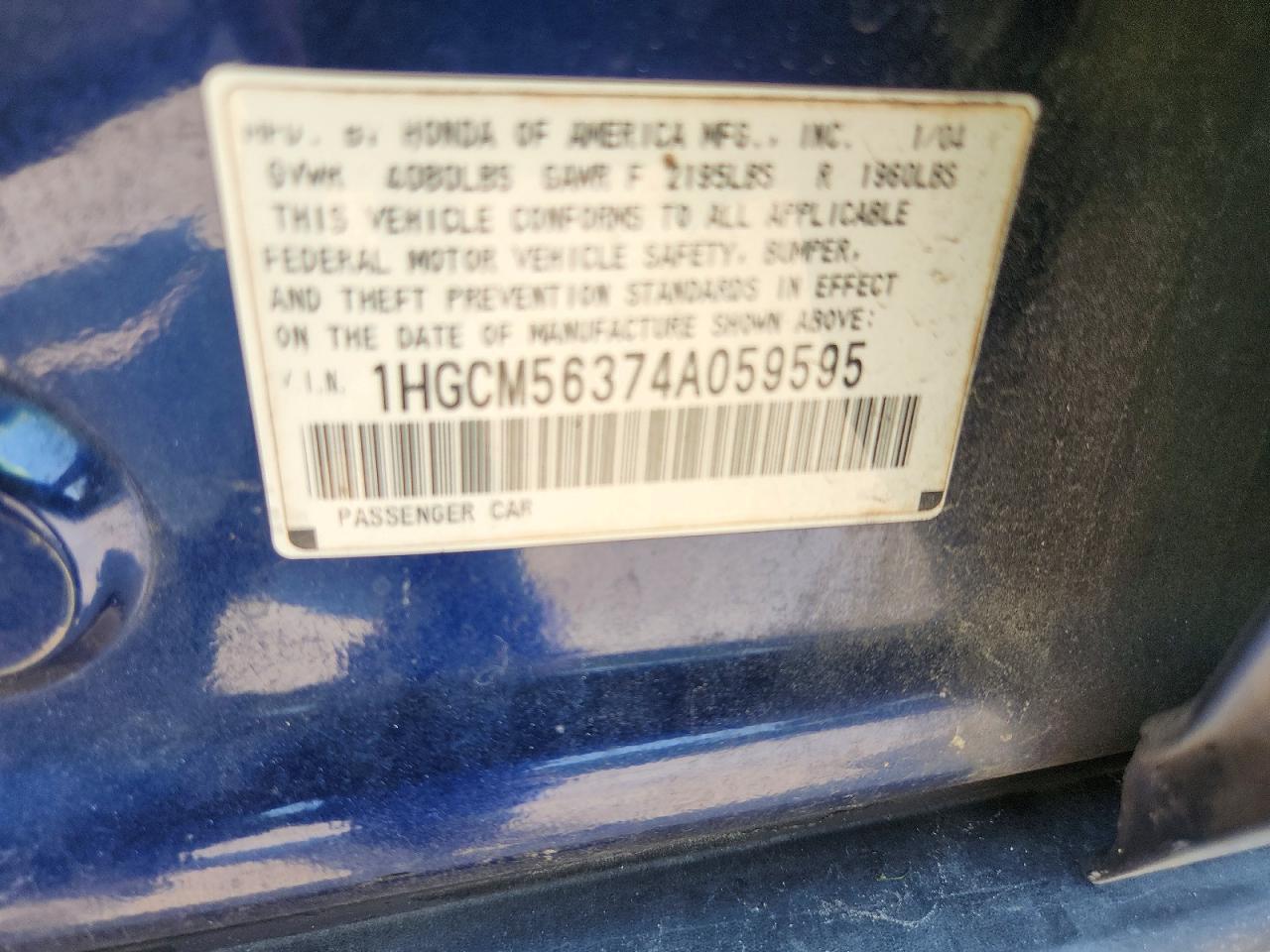 2004 Honda Accord Lx Blue vin: 1HGCM56374A059595