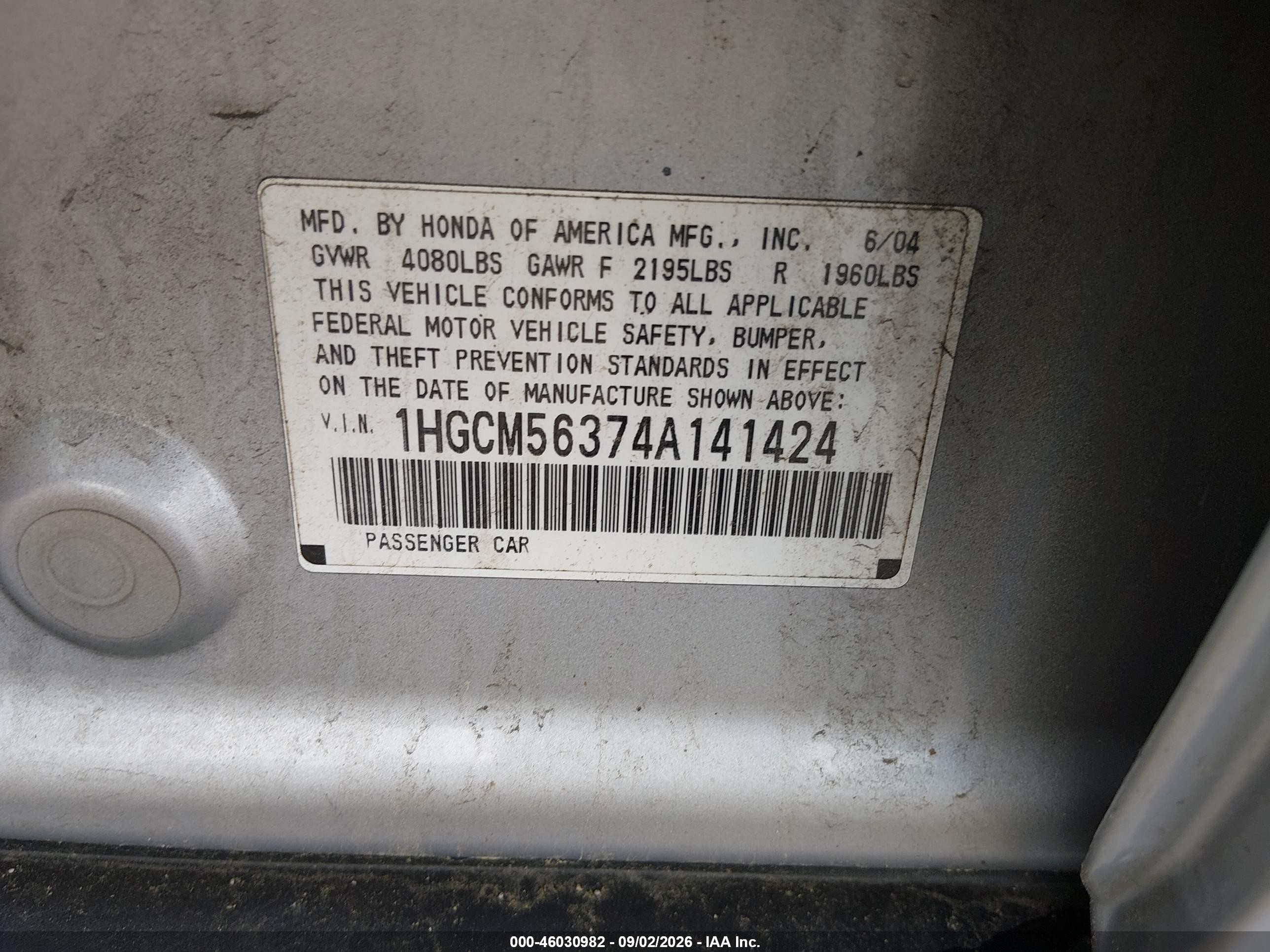 2004 Honda Accord 2.4 Lx Silver vin: 1HGCM56374A141424