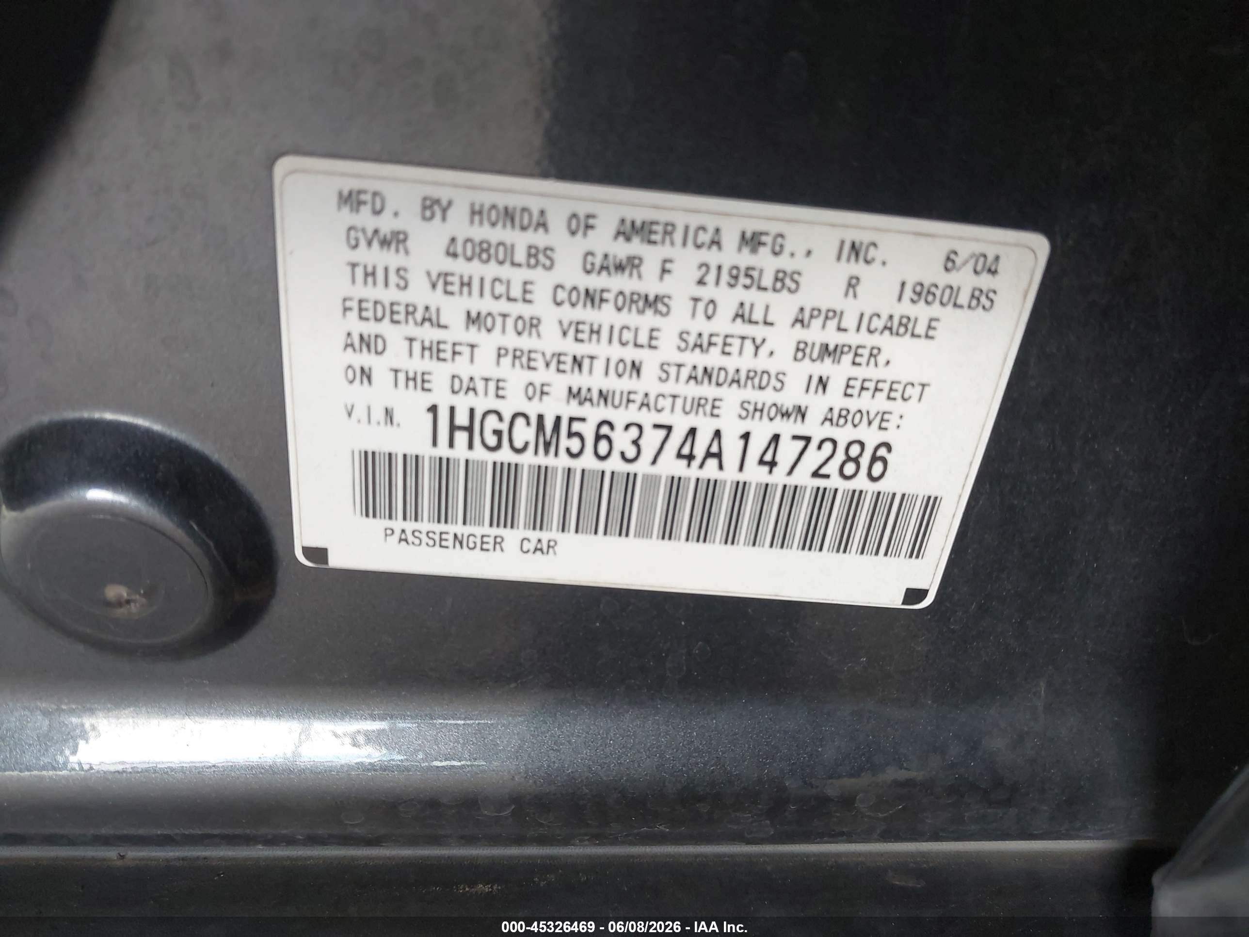 2004 Honda Accord 2.4 Lx Серый vin: 1HGCM56374A147286