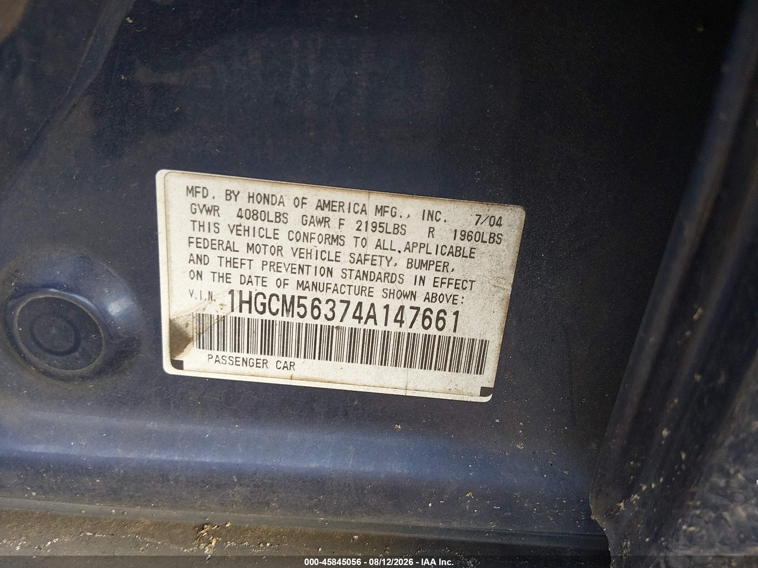 2004 Honda Accord 2.4 Lx Blue vin: 1HGCM56374A147661