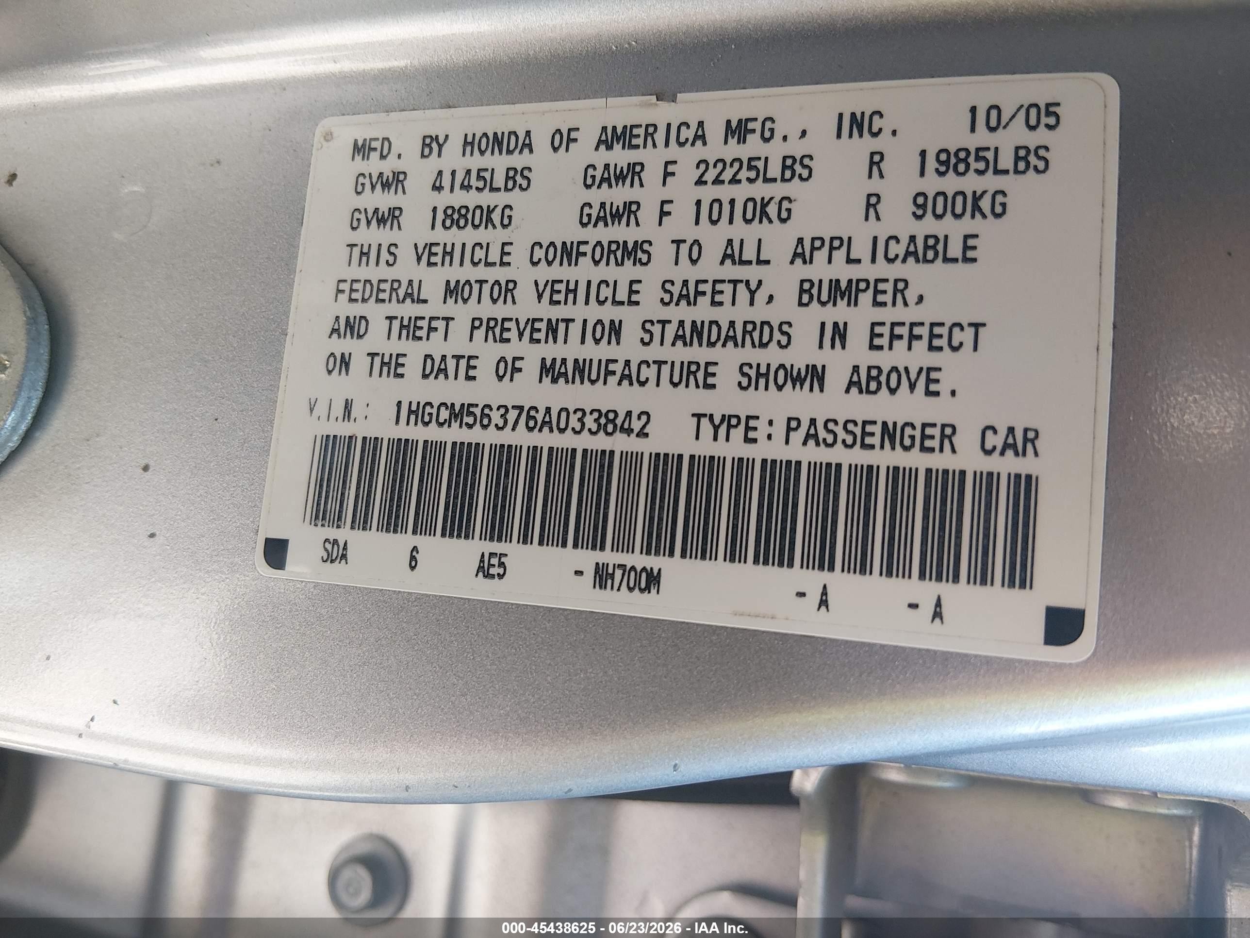 2006 Honda Accord 2.4 Se Silver vin: 1HGCM56376A033842