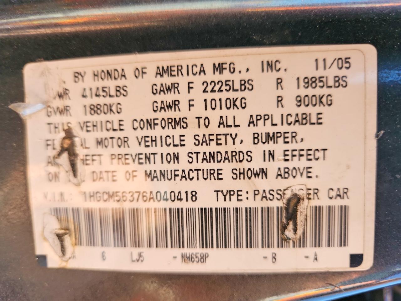 2006 Honda Accord Se Gray vin: 1HGCM56376A040418
