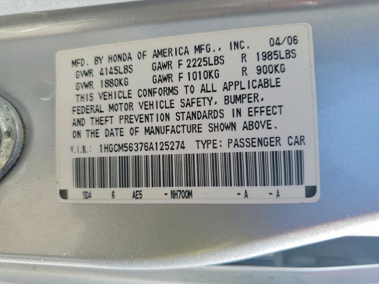 2006 Honda Accord Se Silver vin: 1HGCM56376A125274