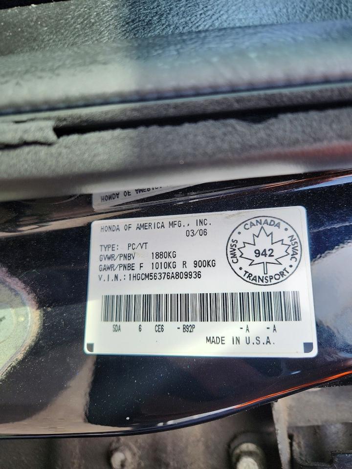 2006 Honda Accord Se Black vin: 1HGCM56376A809936