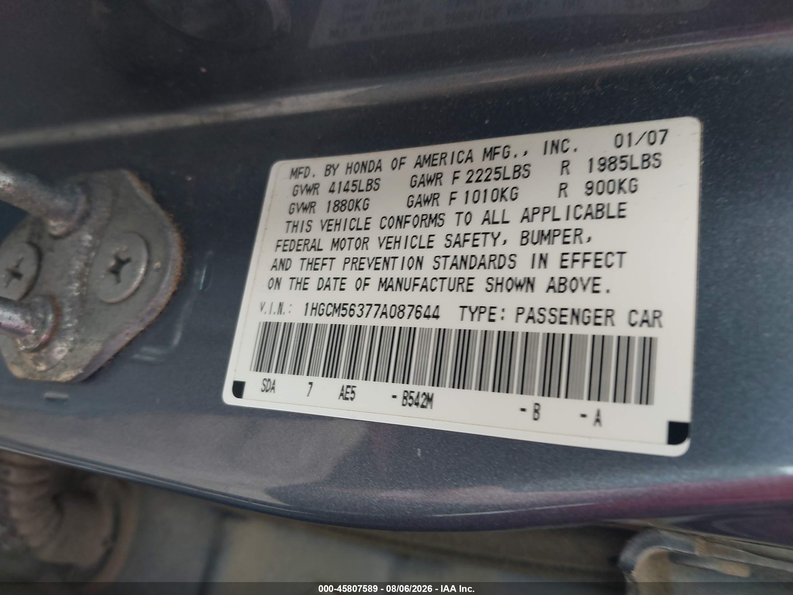 2007 Honda Accord 2.4 Se Blue vin: 1HGCM56377A087644