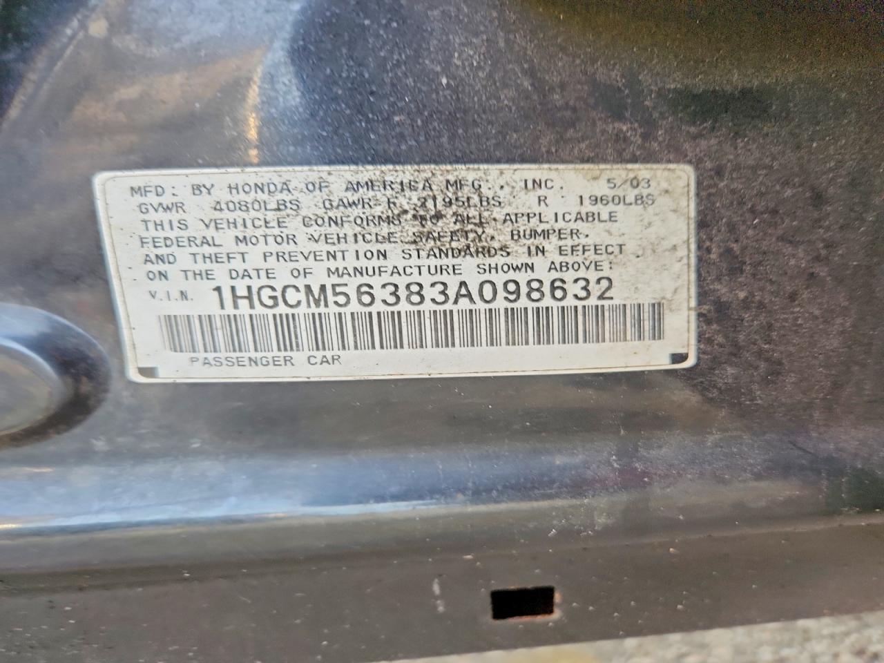 2003 Honda Accord Lx Black vin: 1HGCM56383A098632
