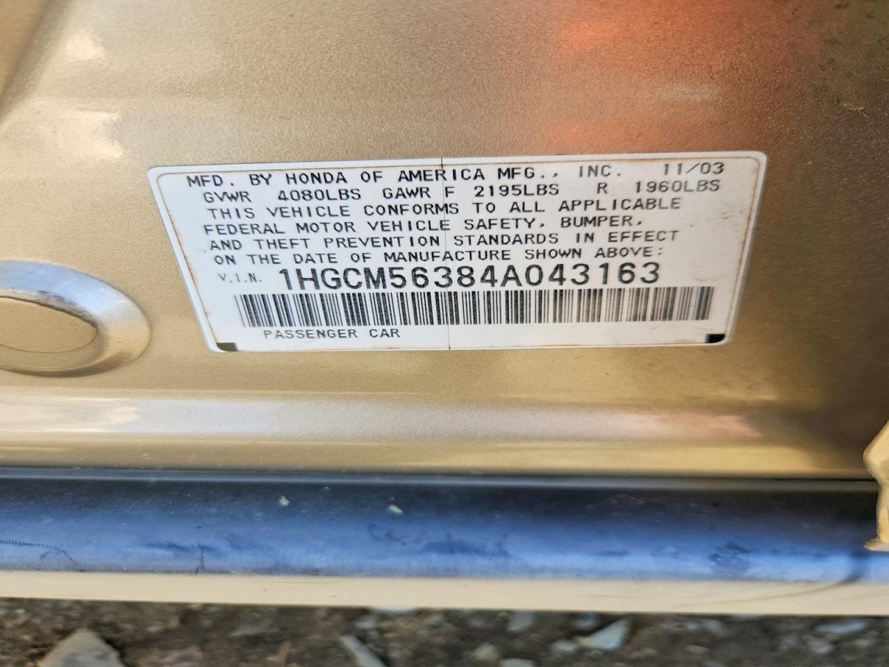 2004 Honda Accord Lx Beige vin: 1HGCM56384A043163
