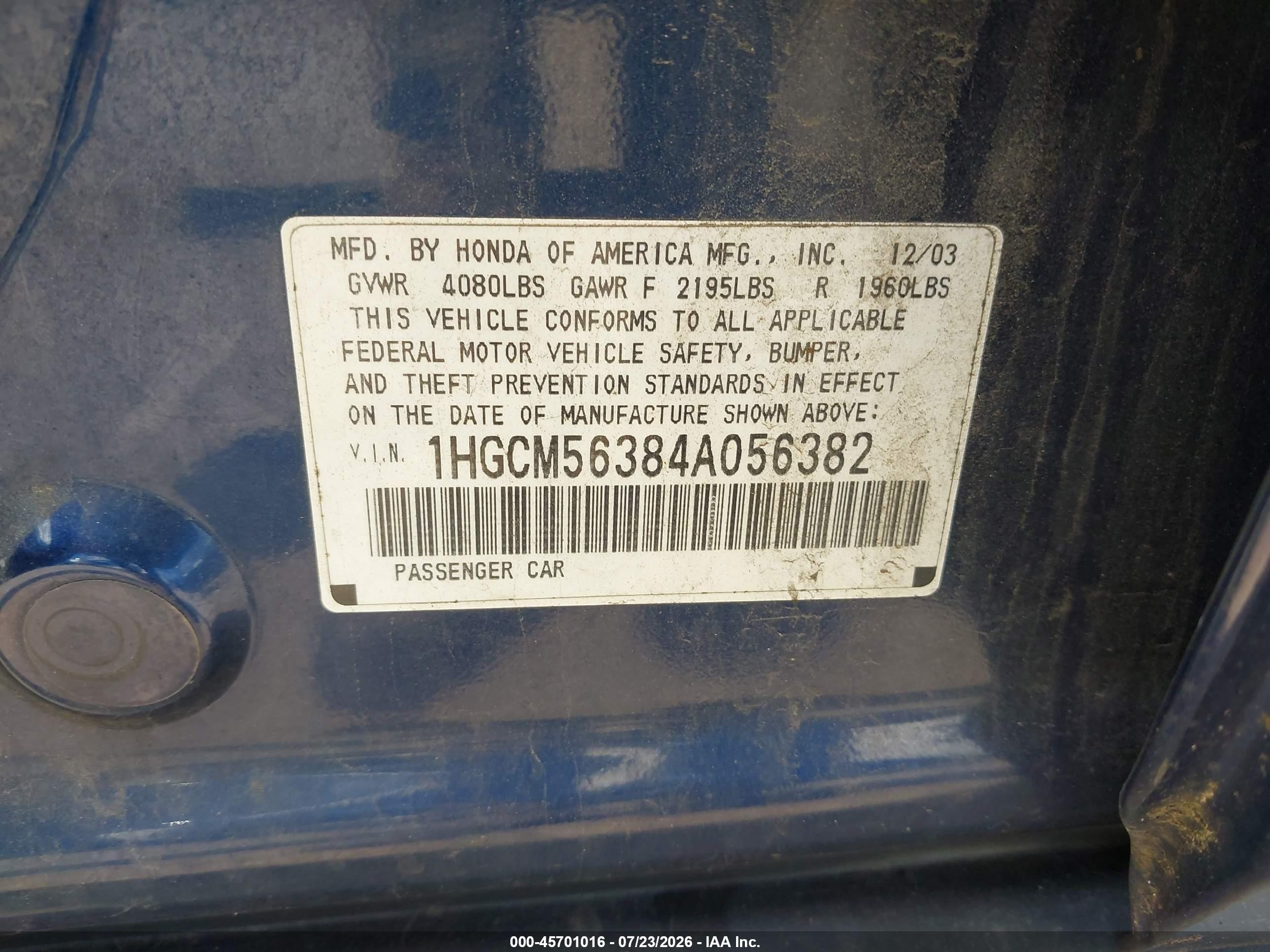 2004 Honda Accord 2.4 Lx Blue vin: 1HGCM56384A056382