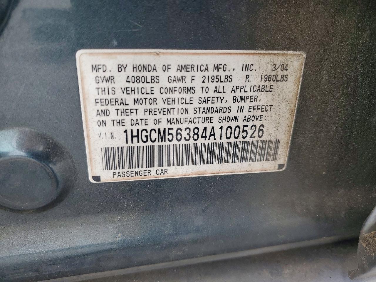 2004 Honda Accord Lx Green vin: 1HGCM56384A100526