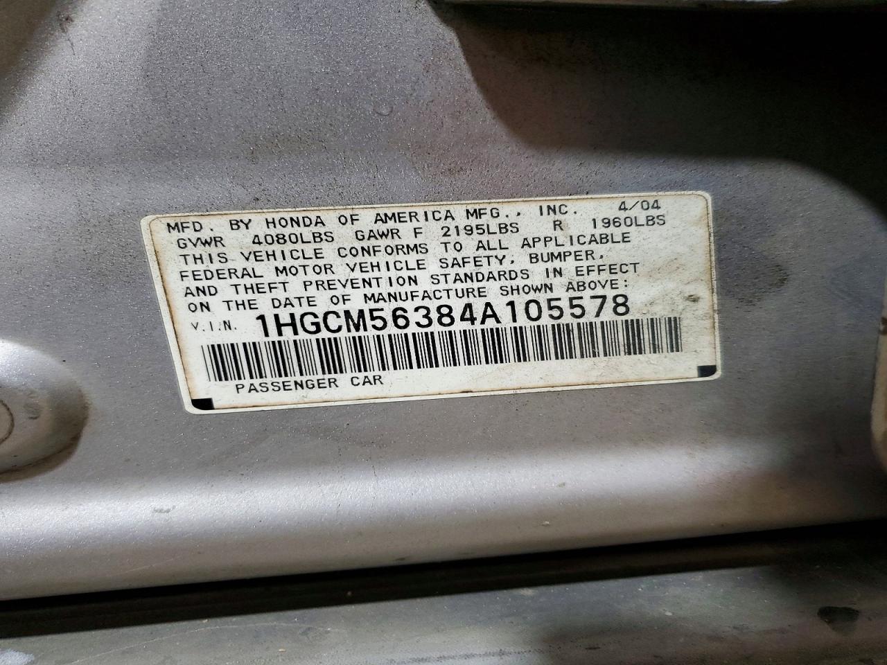 2004 Honda Accord Lx Silver vin: 1HGCM56384A105578