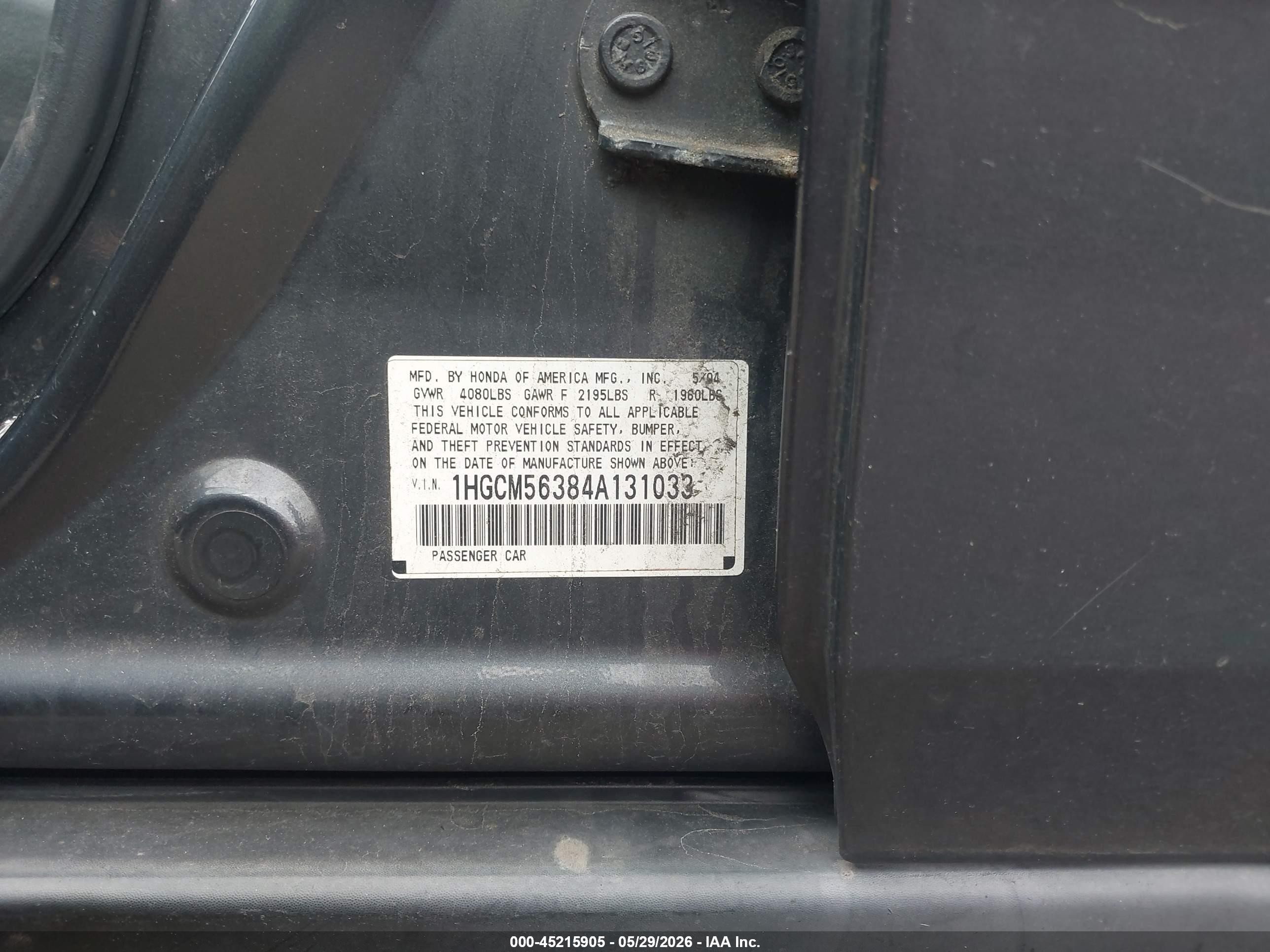 2004 Honda Accord 2.4 Lx Gray vin: 1HGCM56384A131033