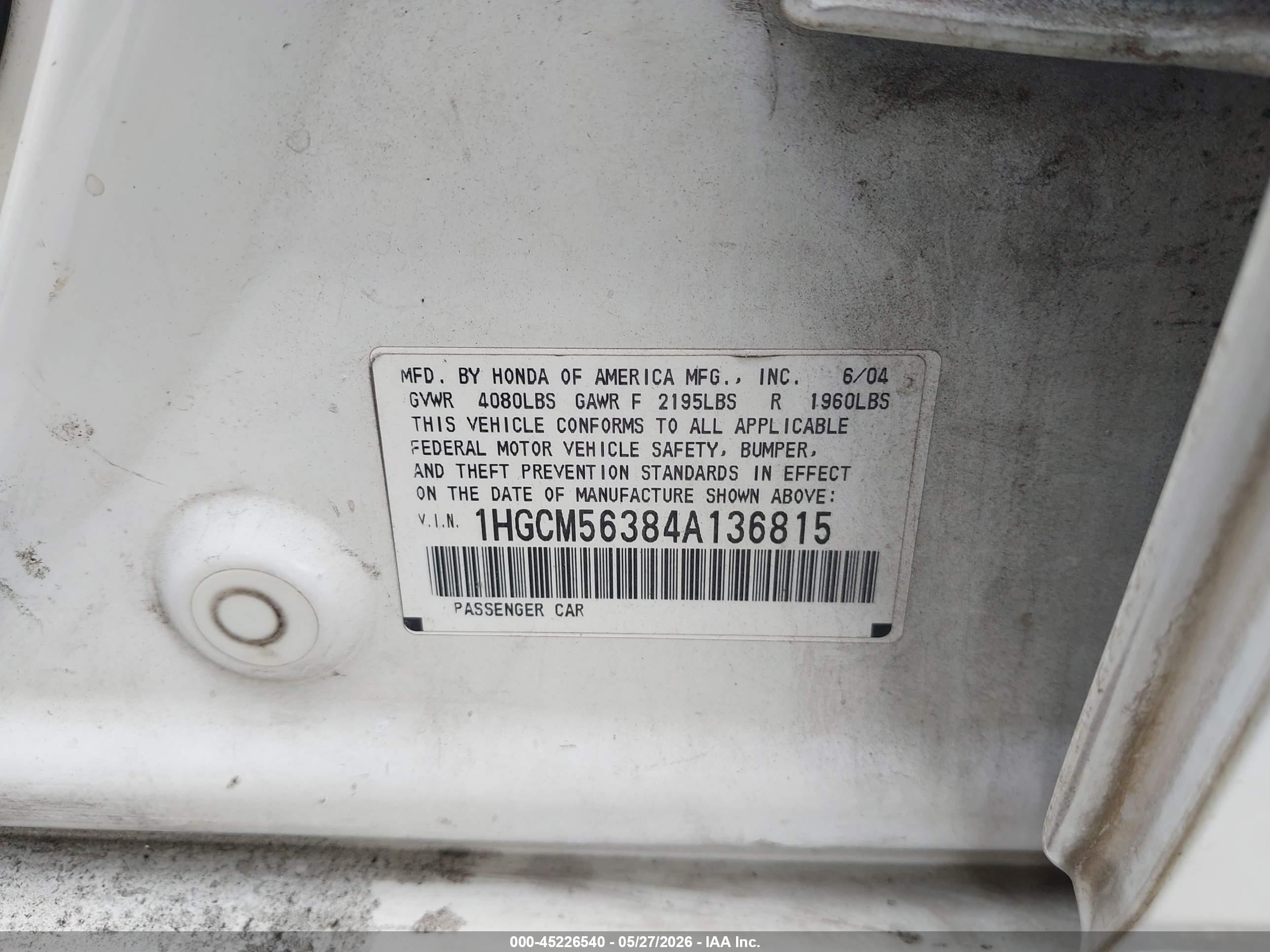 2004 Honda Accord 2.4 Lx Белый vin: 1HGCM56384A136815