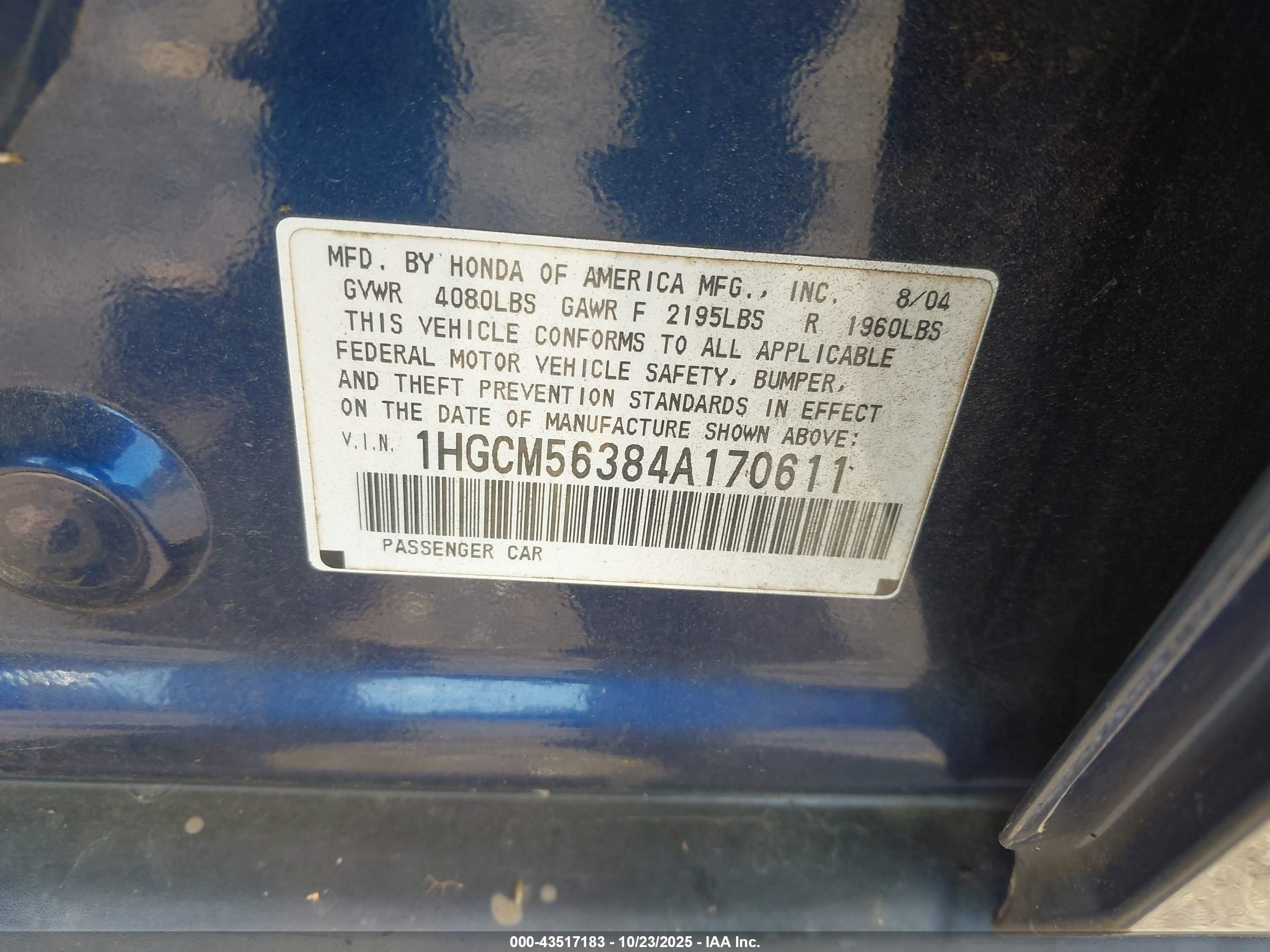 2004 Honda Accord 2.4 Lx Blue vin: 1HGCM56384A170611