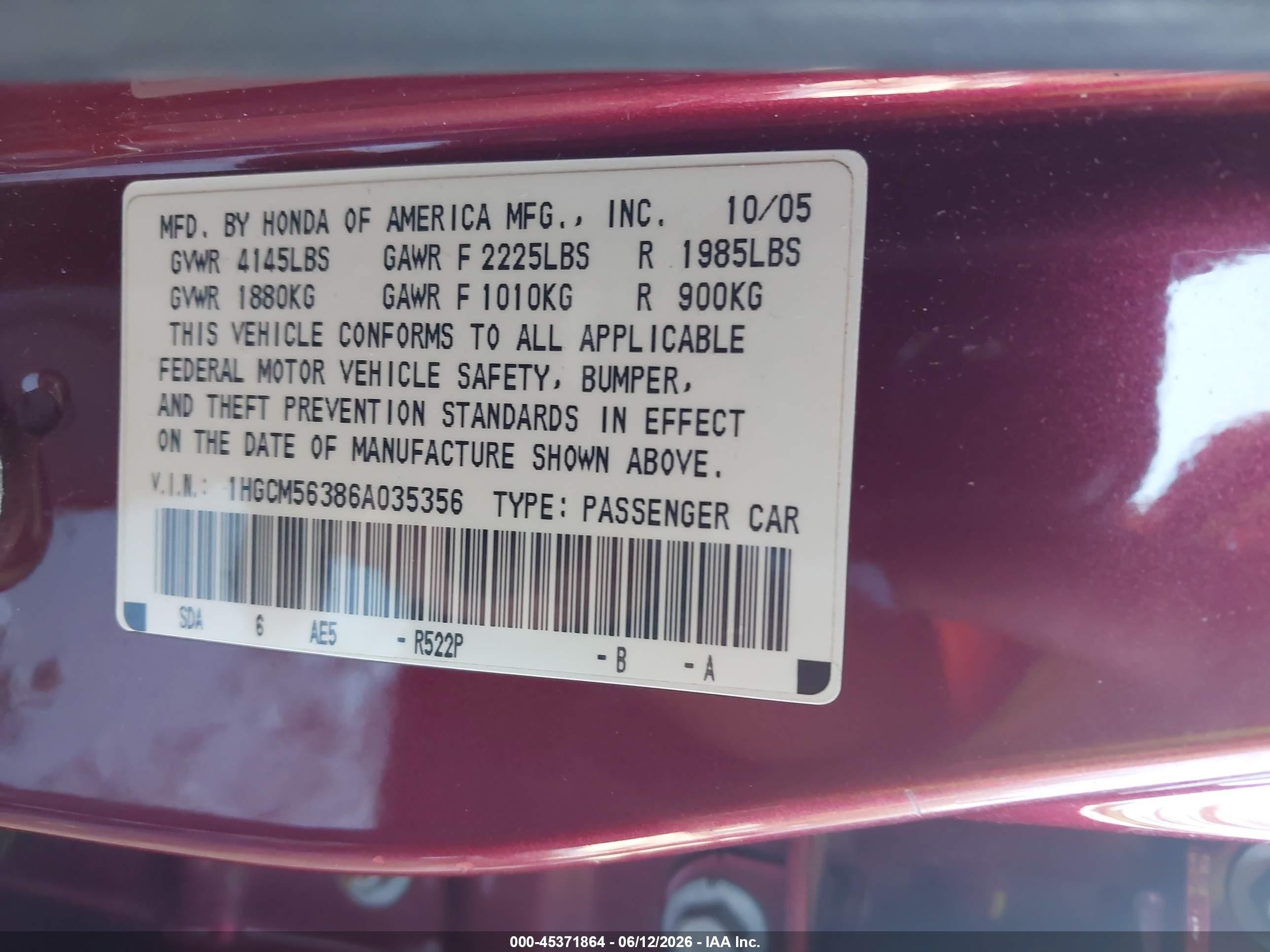 2006 Honda Accord 2.4 Se Red vin: 1HGCM56386A035356