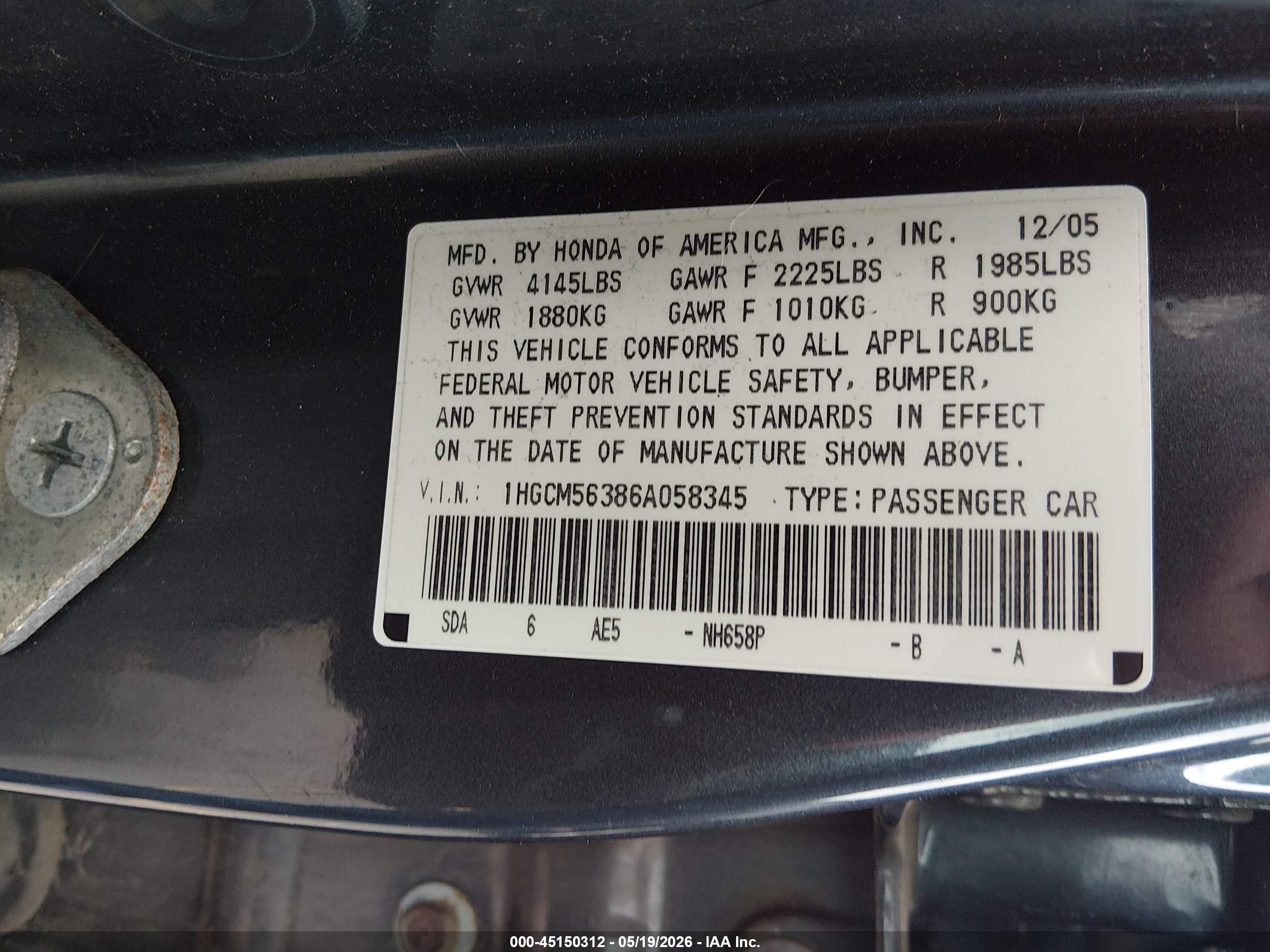 2006 Honda Accord 2.4 Se Gray vin: 1HGCM56386A058345