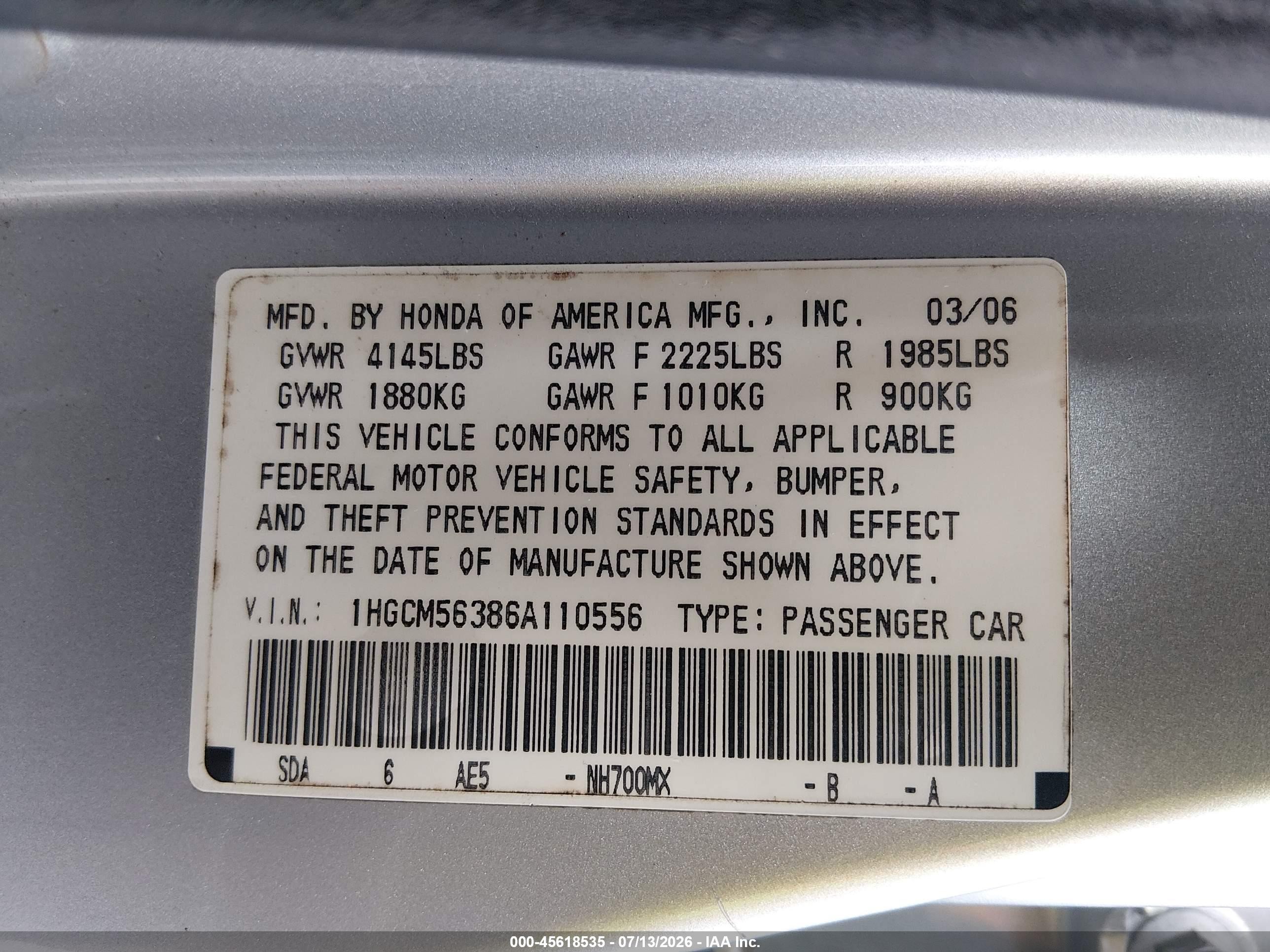 2006 Honda Accord 2.4 Se Gray vin: 1HGCM56386A110556