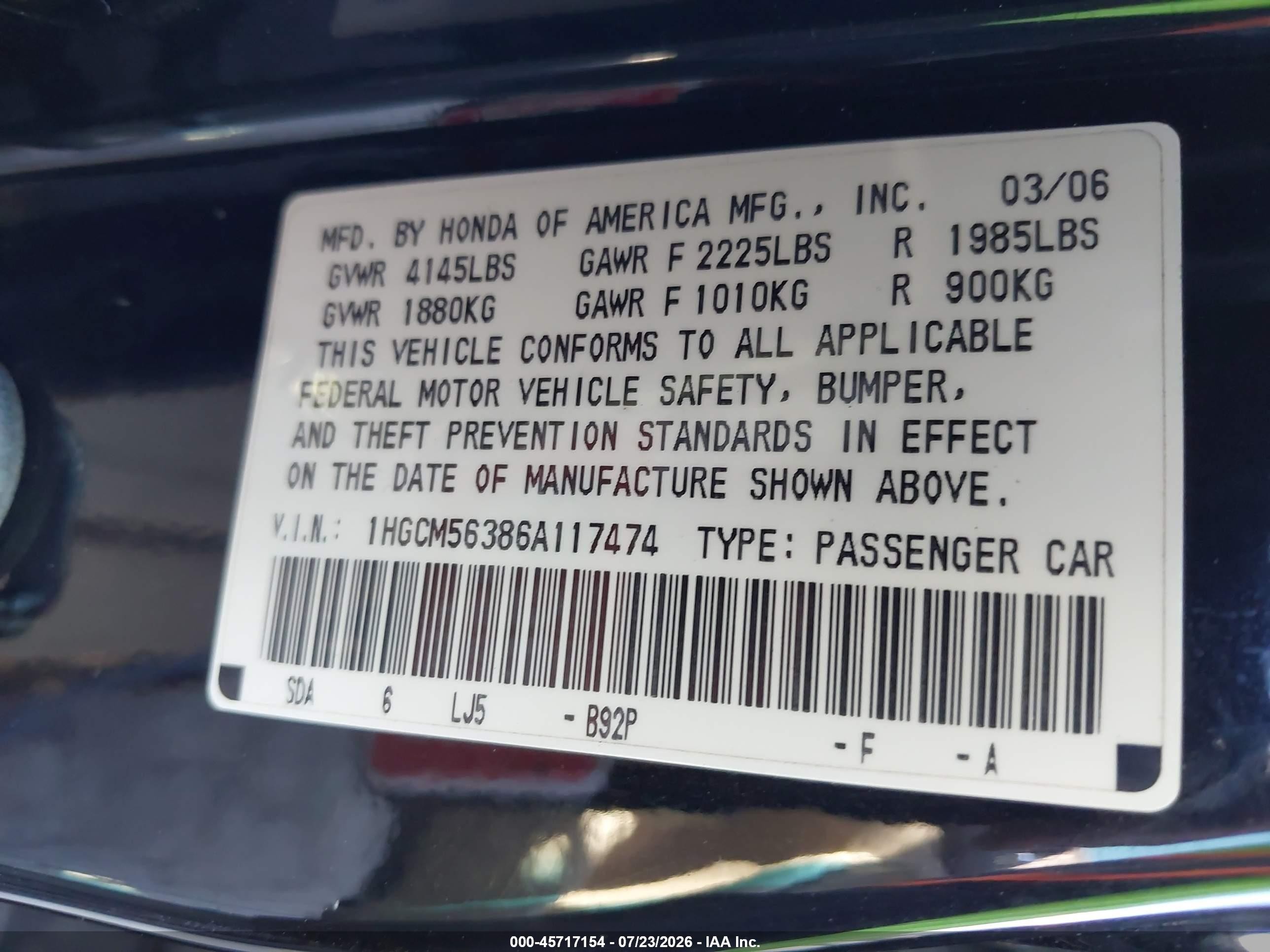 2006 Honda Accord 2.4 Se Black vin: 1HGCM56386A117474