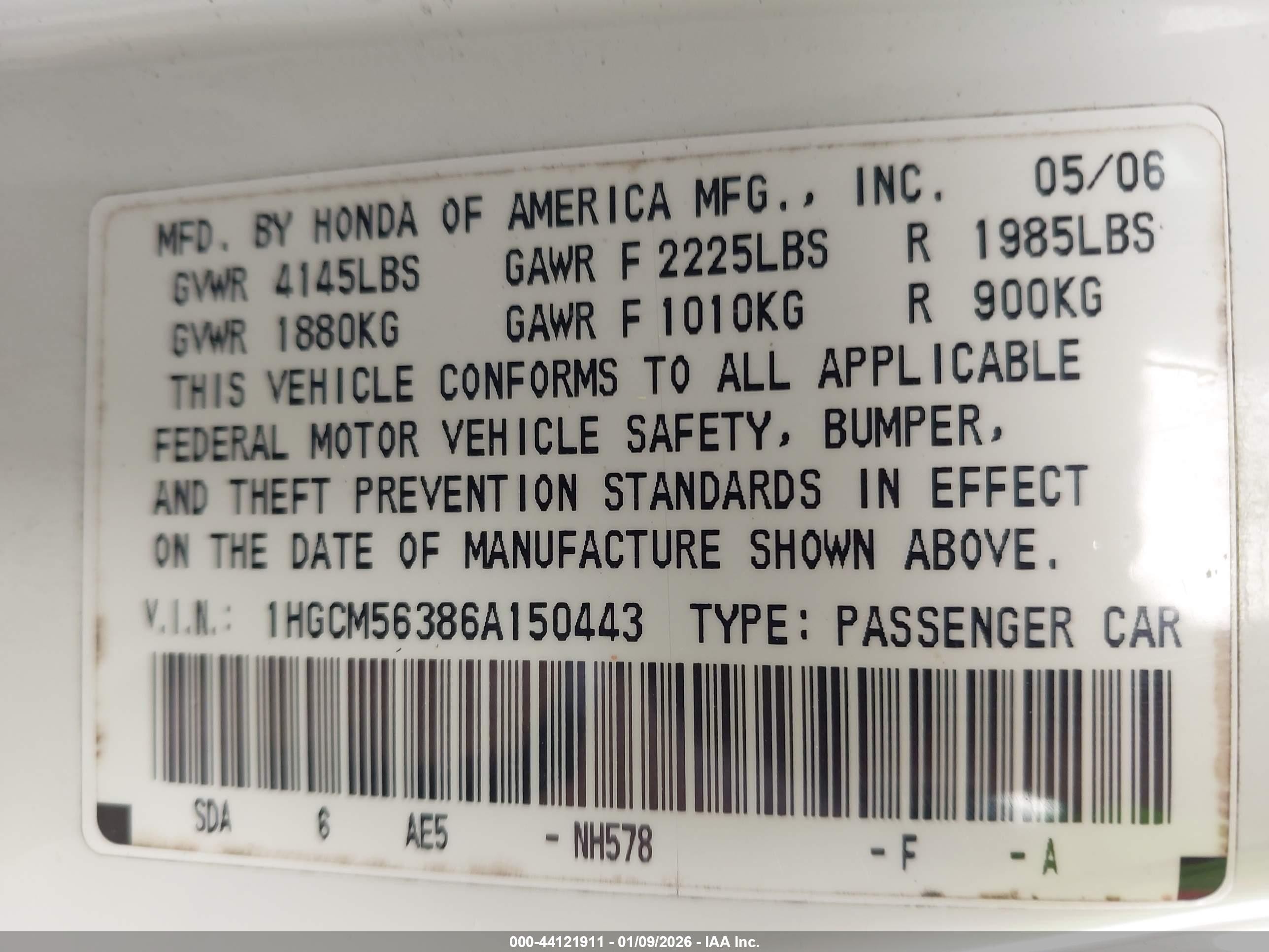 2006 Honda Accord 2.4 Se White vin: 1HGCM56386A150443