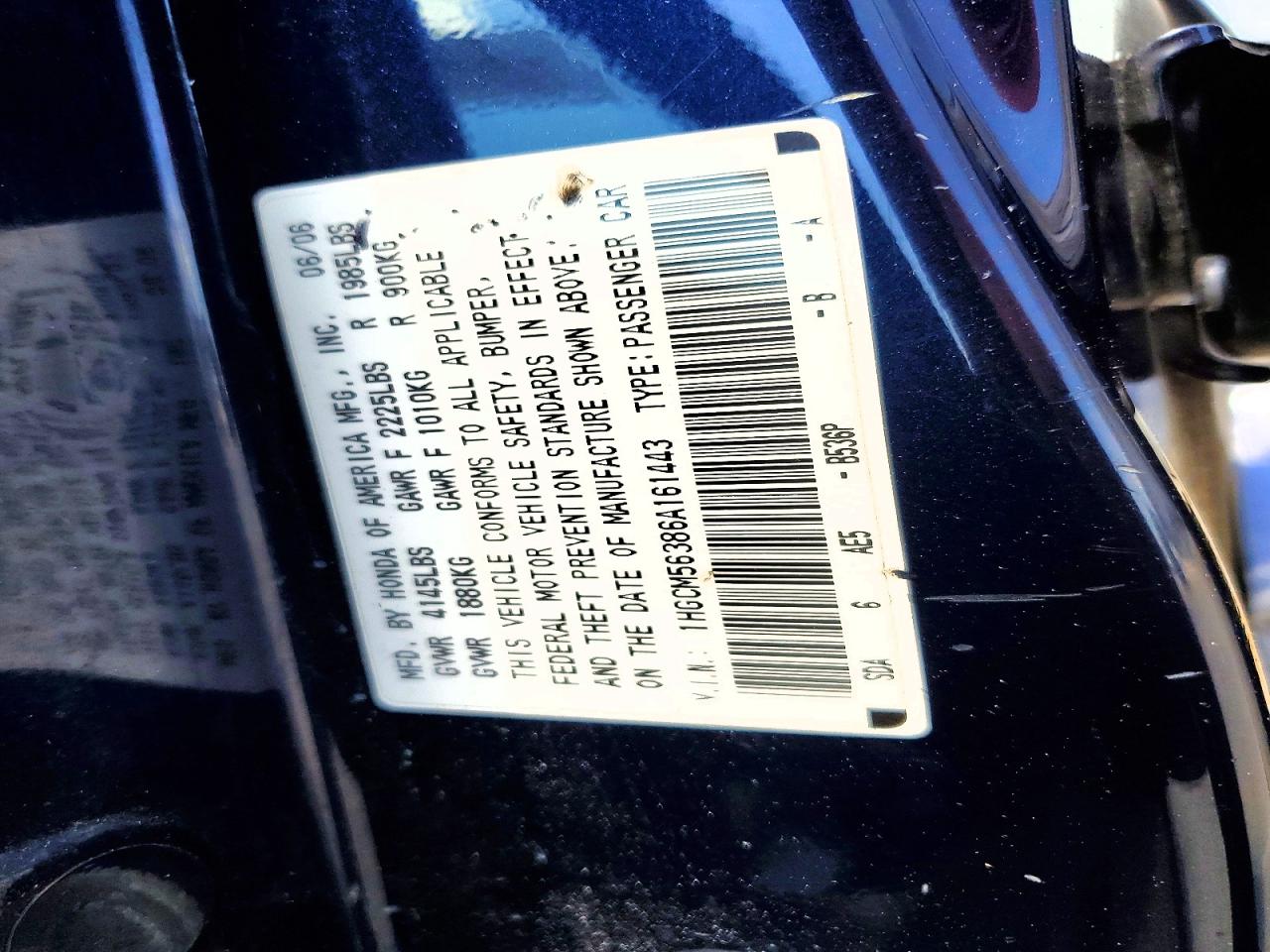 2006 Honda Accord Se Blue vin: 1HGCM56386A161443