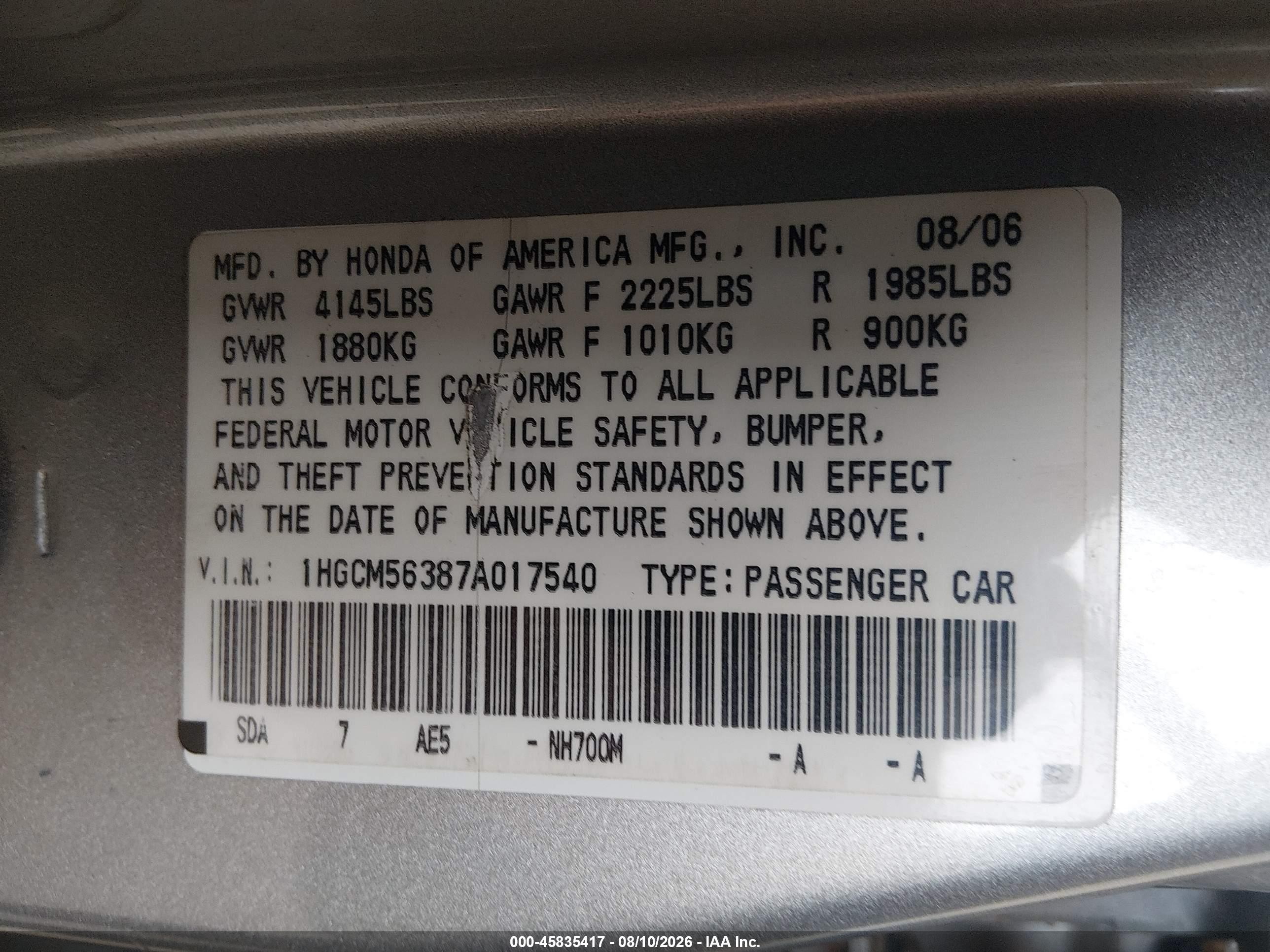 2007 Honda Accord 2.4 Se Silver vin: 1HGCM56387A017540