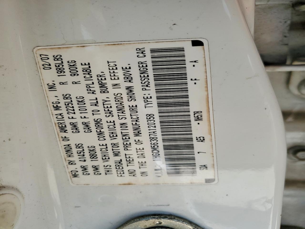 2007 Honda Accord White vin: 1HGCM56387A120358