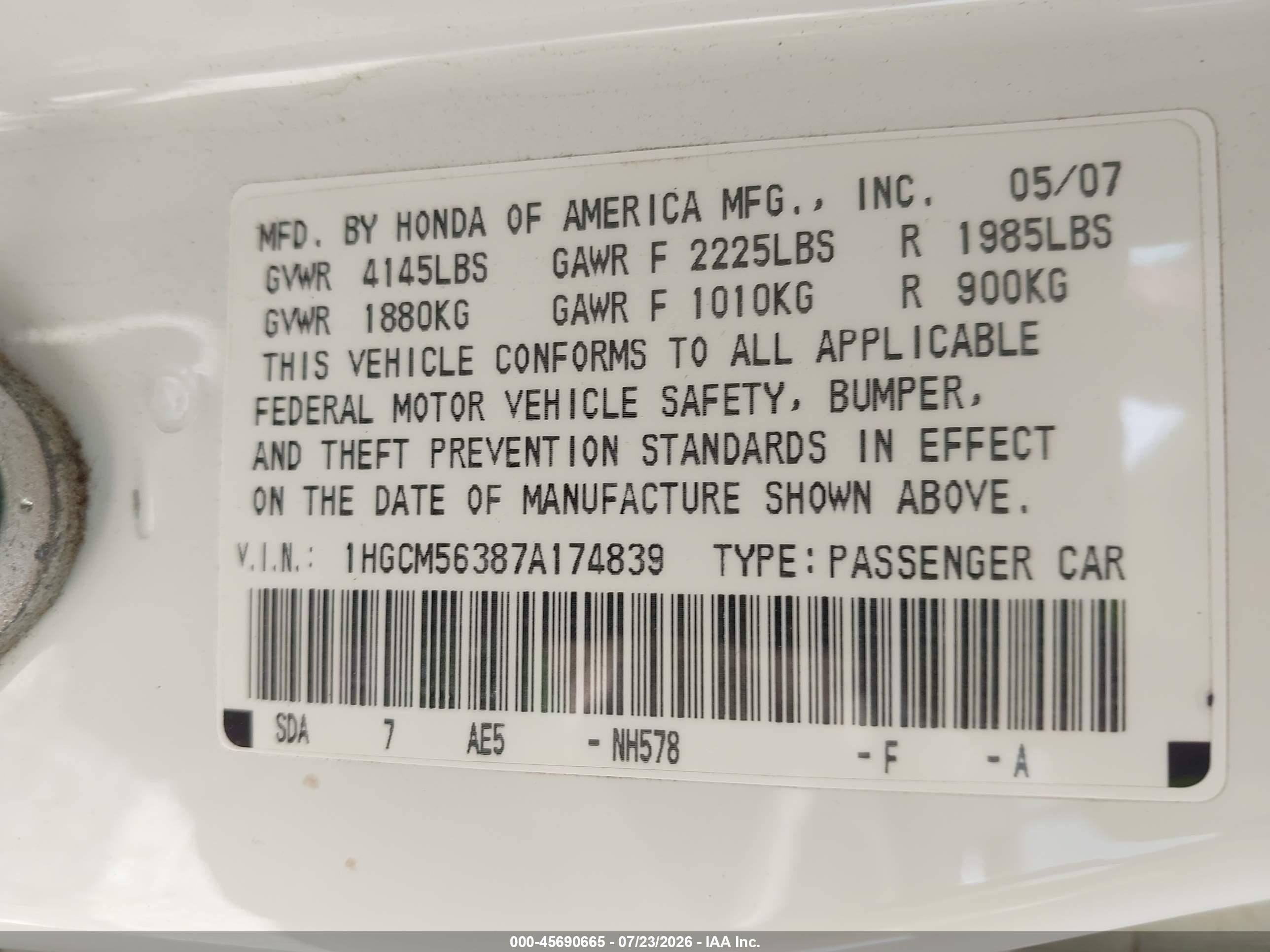 2007 Honda Accord 2.4 Se White vin: 1HGCM56387A174839