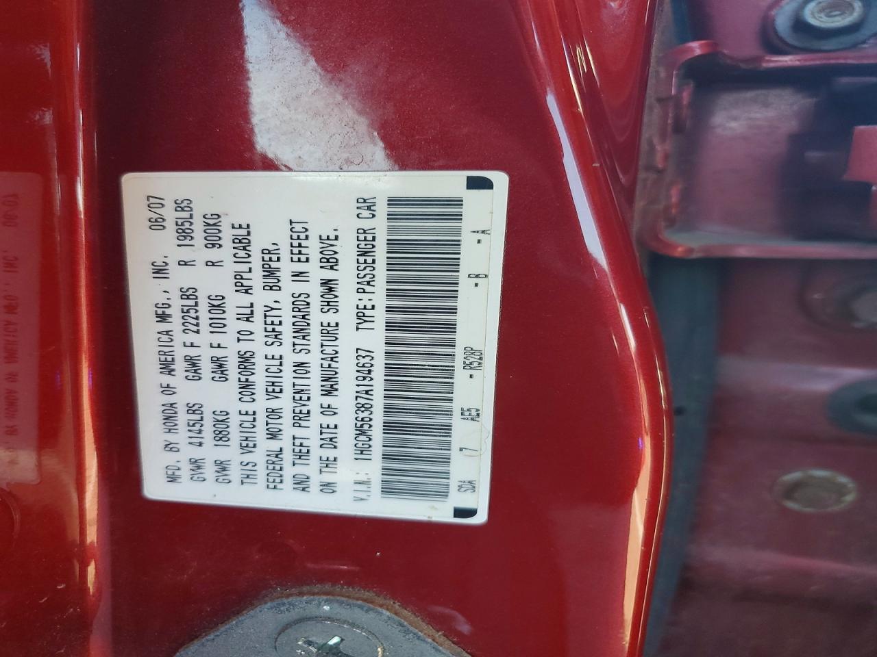 2007 Honda Accord Se Maroon vin: 1HGCM56387A194637