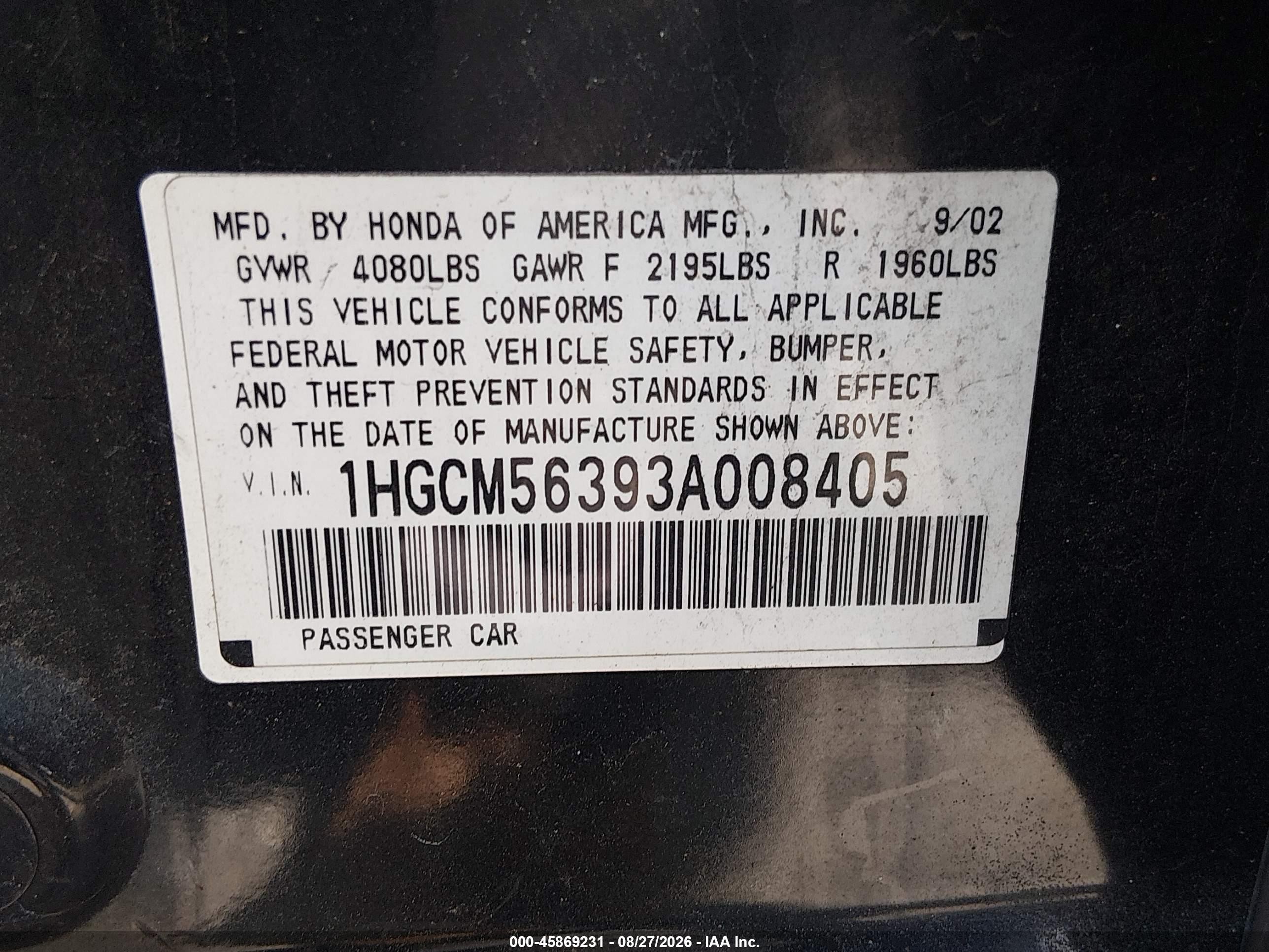 2003 Honda Accord 2.4 Lx Black vin: 1HGCM56393A008405