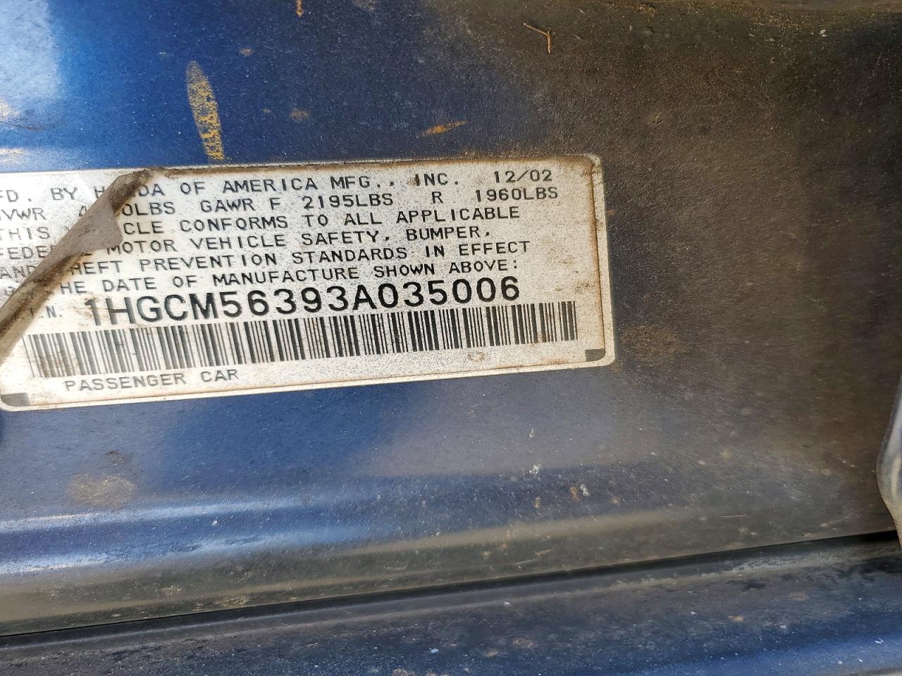2003 Honda Accord Ex Blue vin: 1HGCM56393A035006