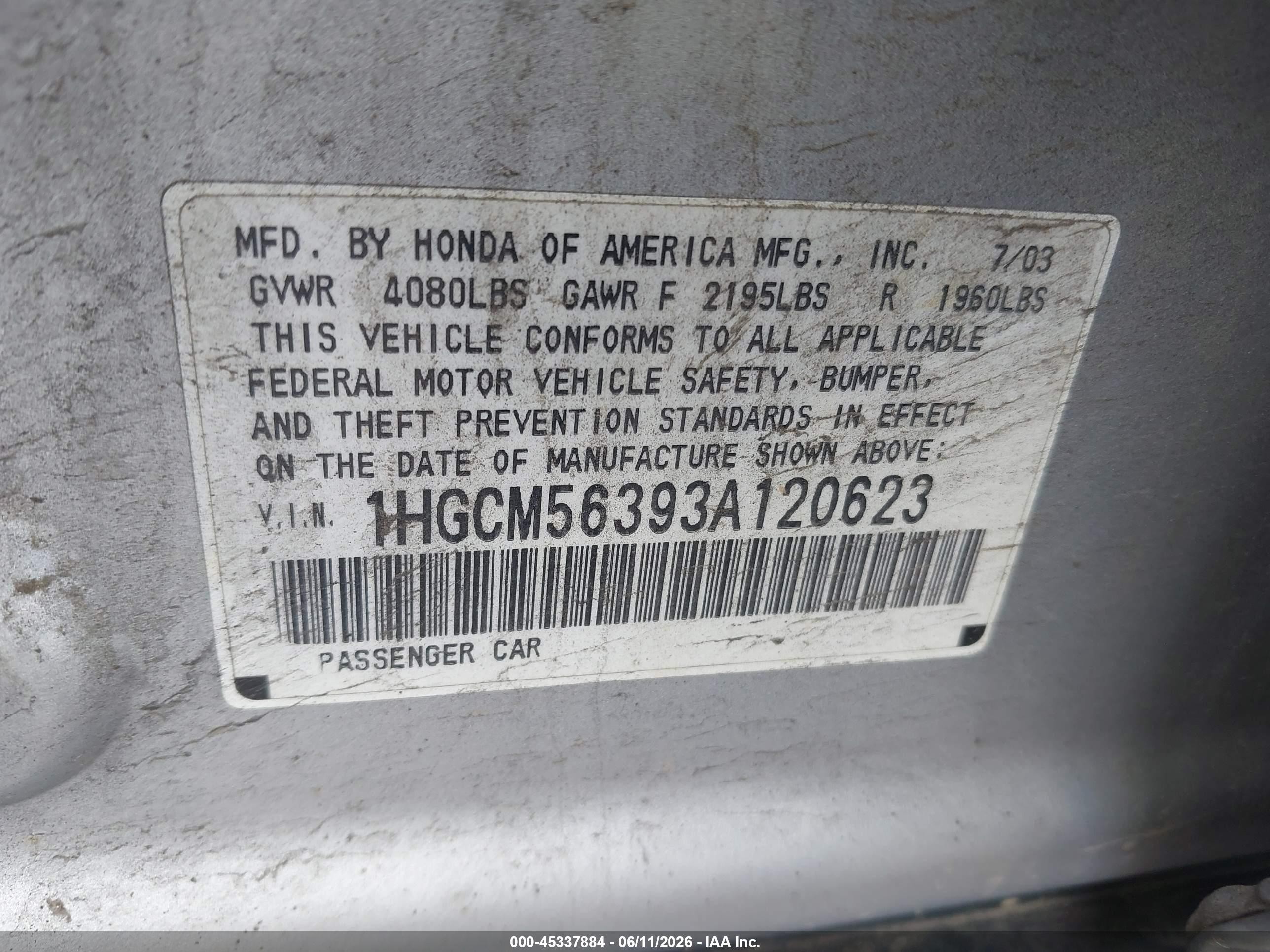 2003 Honda Accord 2.4 Lx Серебряный vin: 1HGCM56393A120623