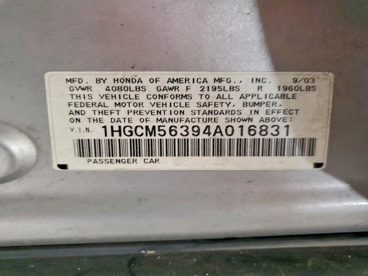 2004 Honda Accord Lx Silver vin: 1HGCM56394A016831