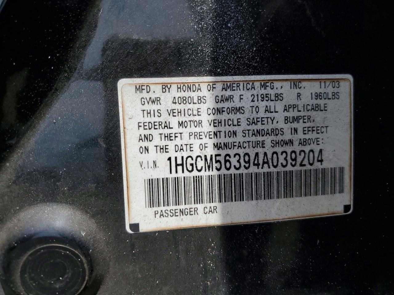 2004 Honda Accord Lx Black vin: 1HGCM56394A039204