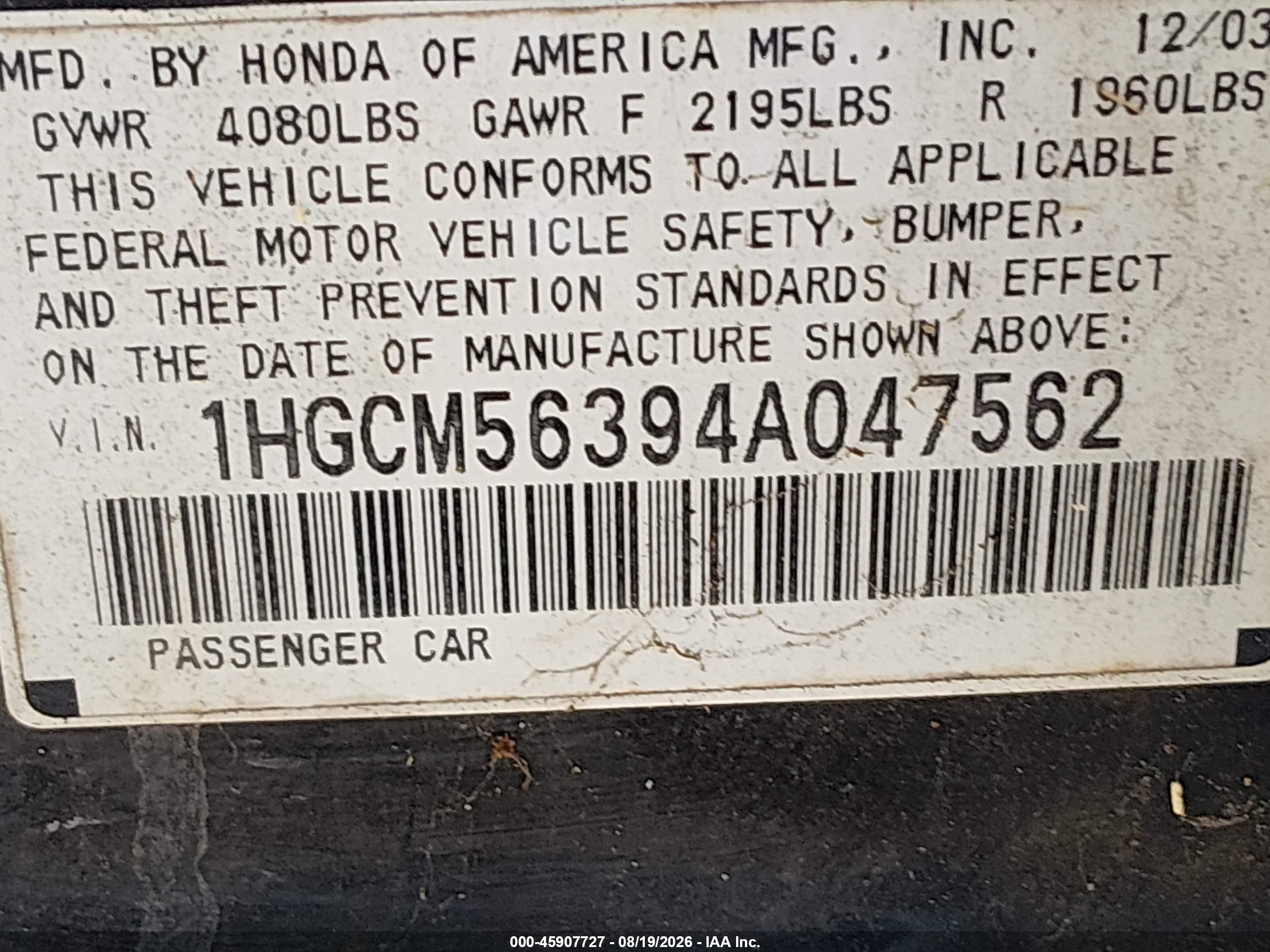 2004 Honda Accord 2.4 Lx Black vin: 1HGCM56394A047562