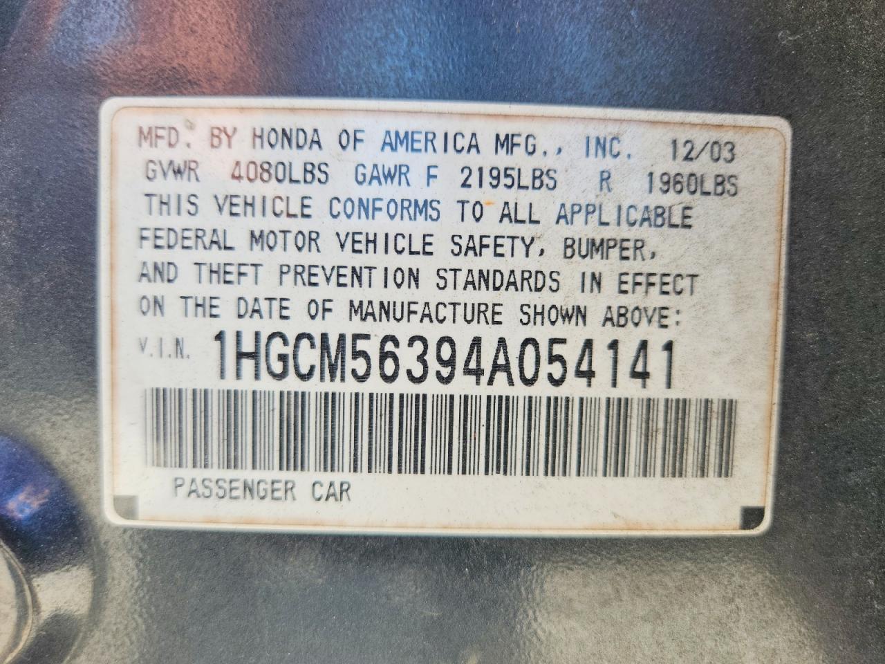 2004 Honda Accord Lx Gray vin: 1HGCM56394A054141