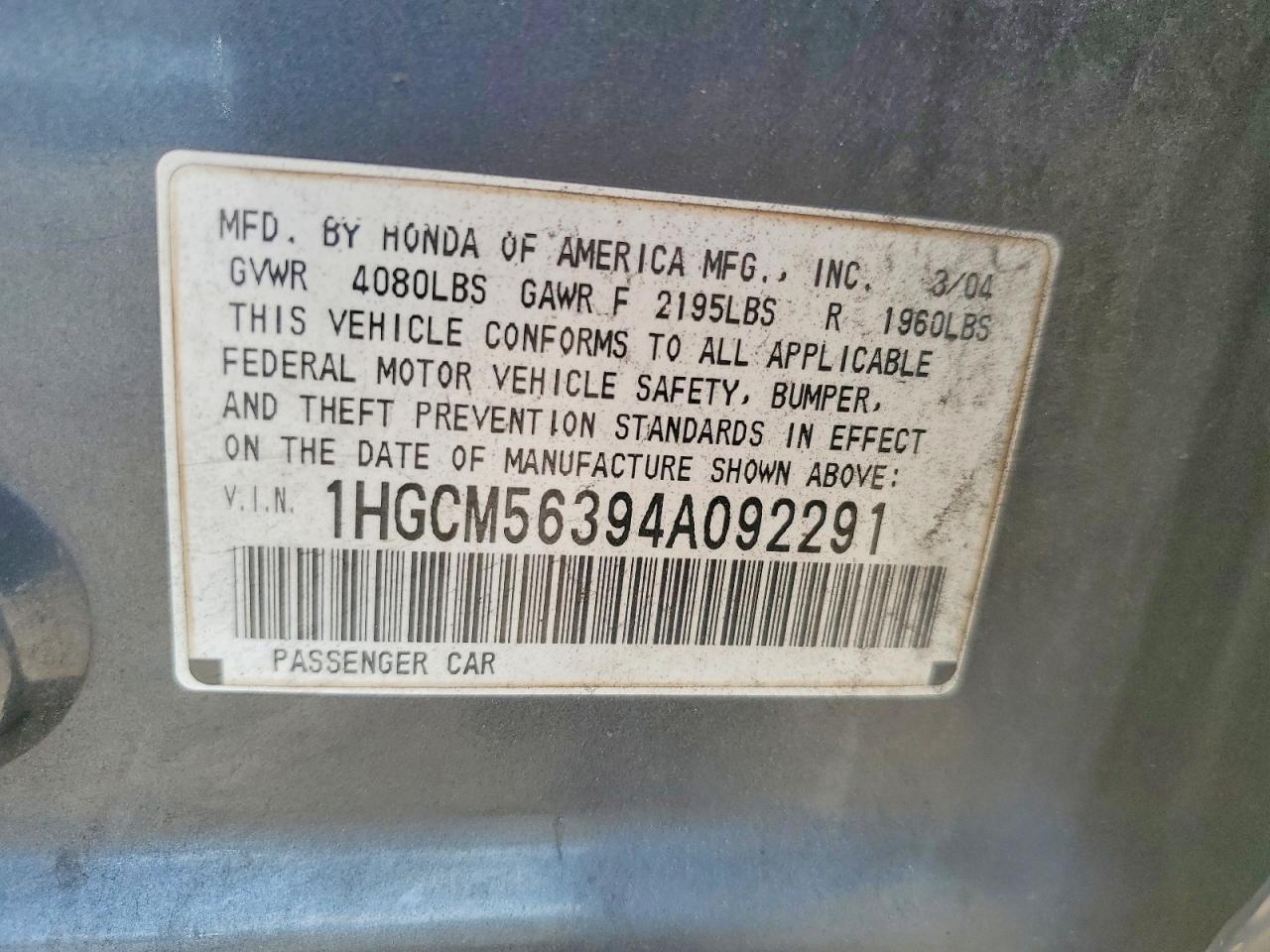 2004 Honda Accord Lx Charcoal vin: 1HGCM56394A092291