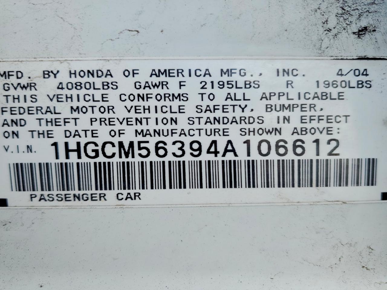 2004 Honda Accord Lx White vin: 1HGCM56394A106612