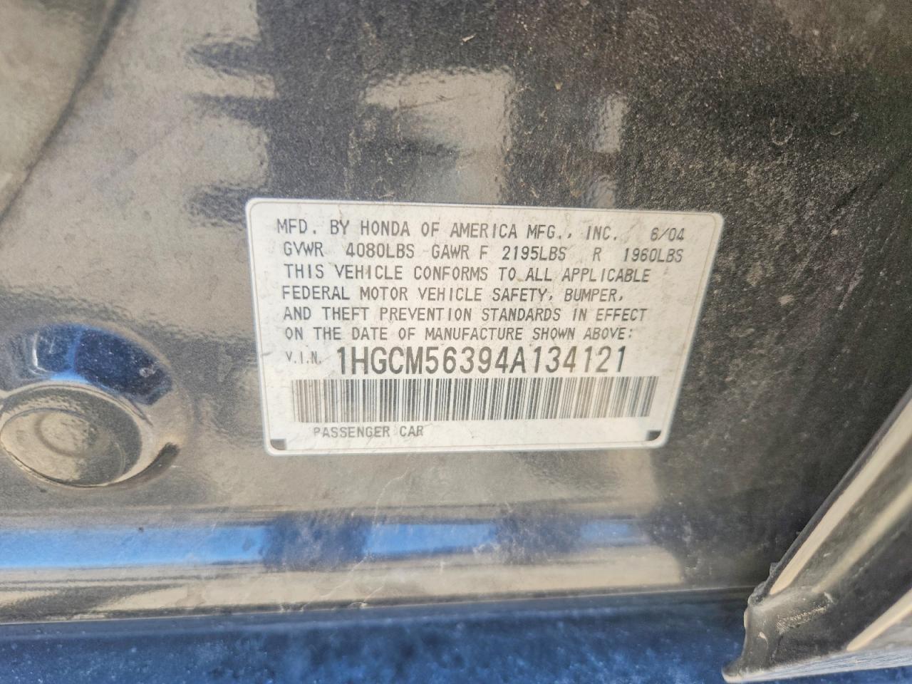 2004 Honda Accord Lx Gray vin: 1HGCM56394A134121
