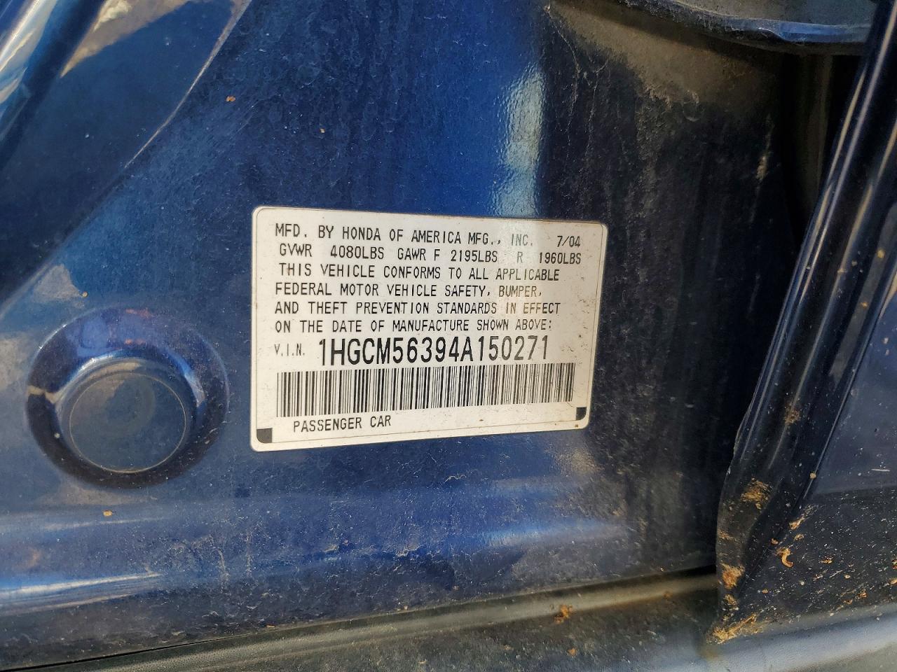 2004 Honda Accord Lx Blue vin: 1HGCM56394A150271