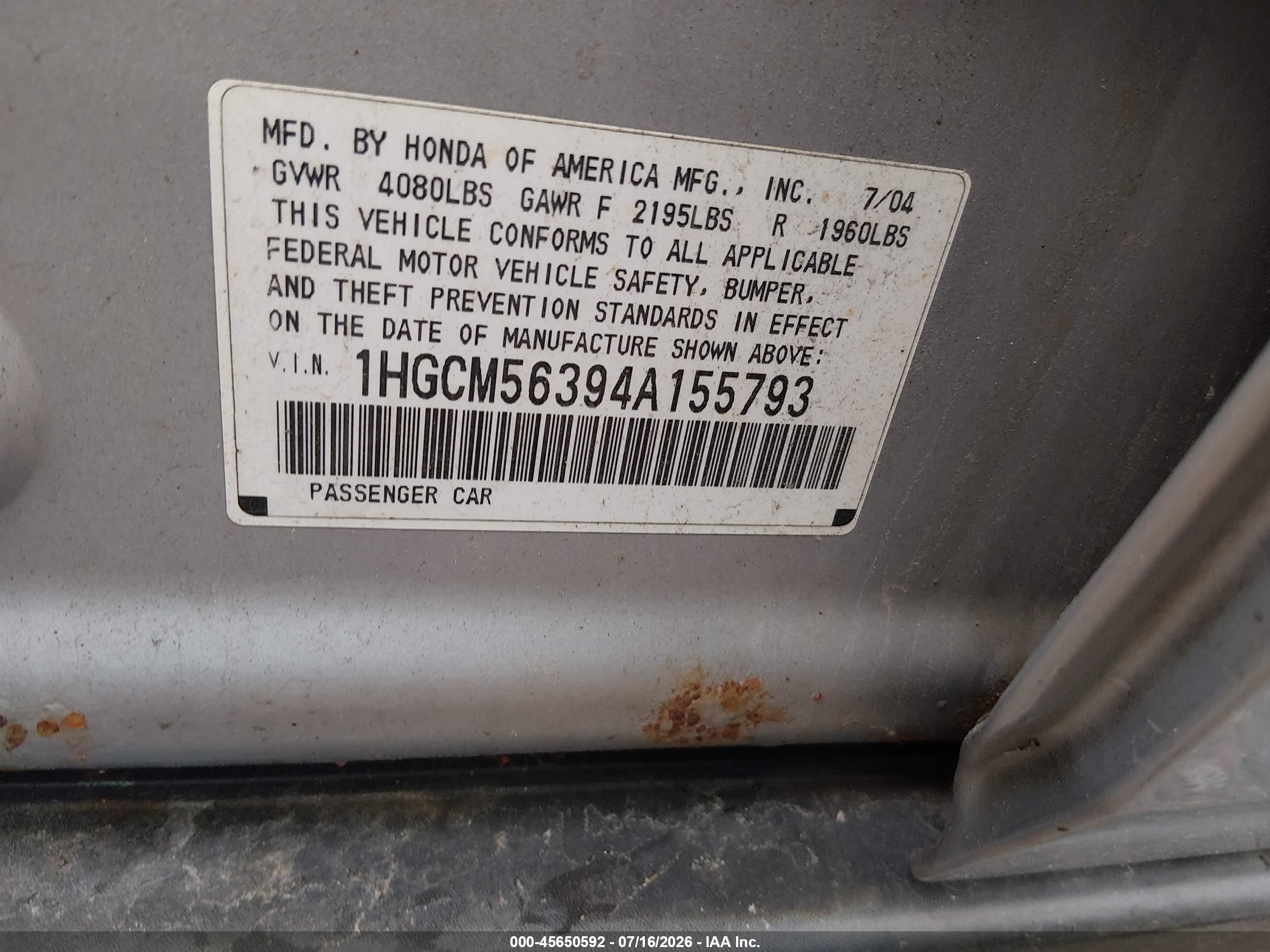 2004 Honda Accord 2.4 Lx Gray vin: 1HGCM56394A155793