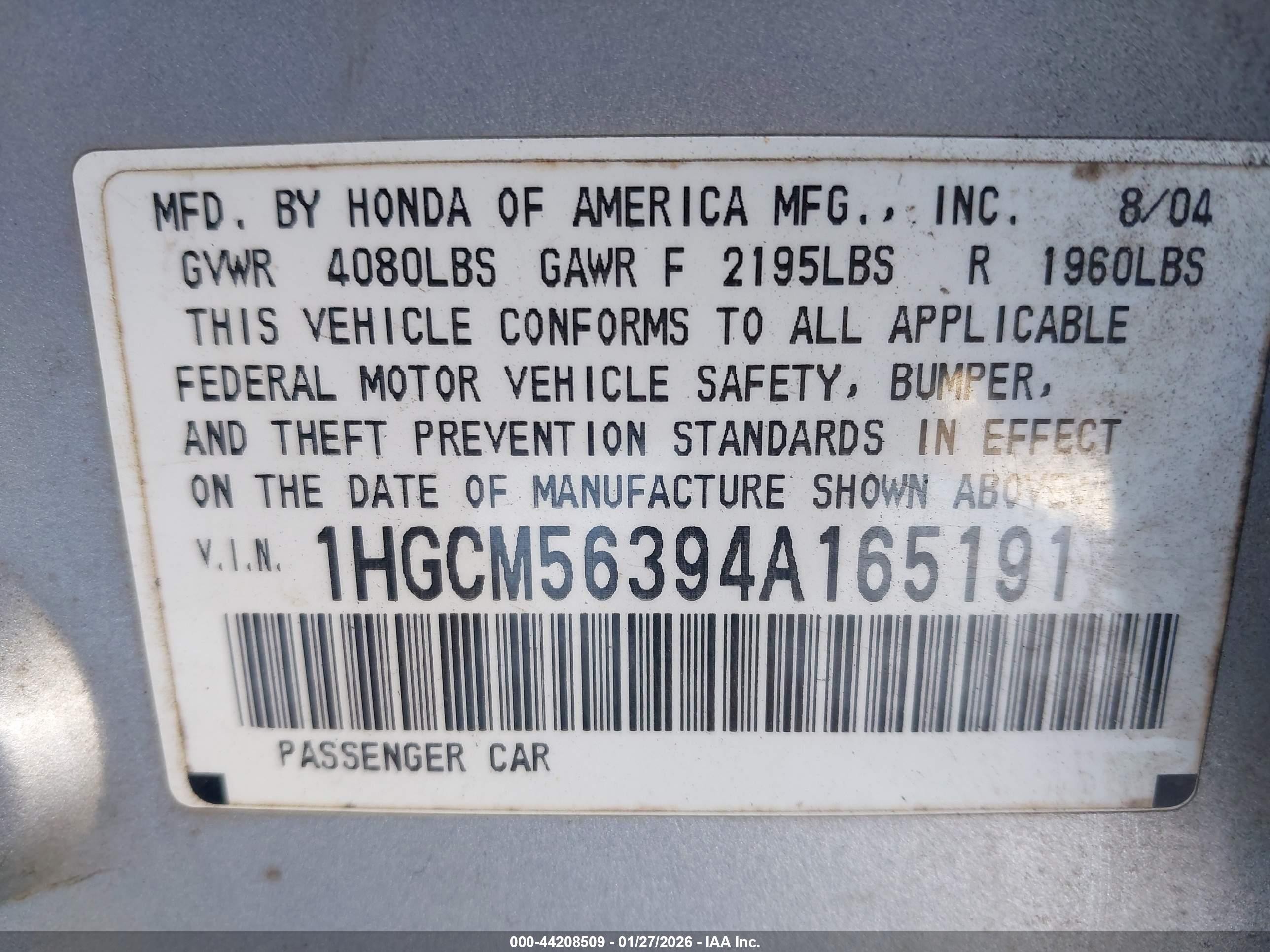 2004 Honda Accord 2.4 Lx Silver vin: 1HGCM56394A165191