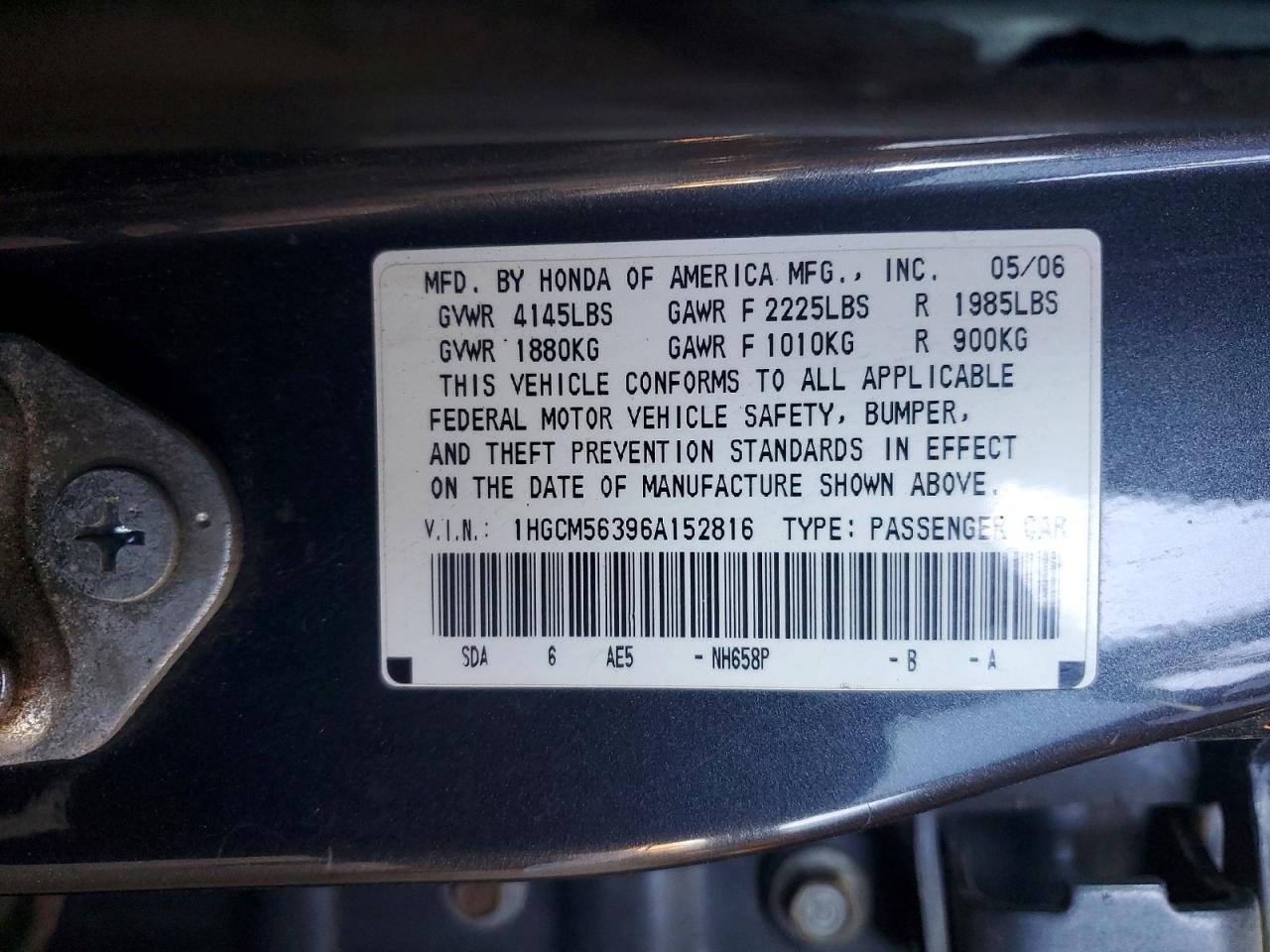 2006 Honda Accord Se Charcoal vin: 1HGCM56396A152816