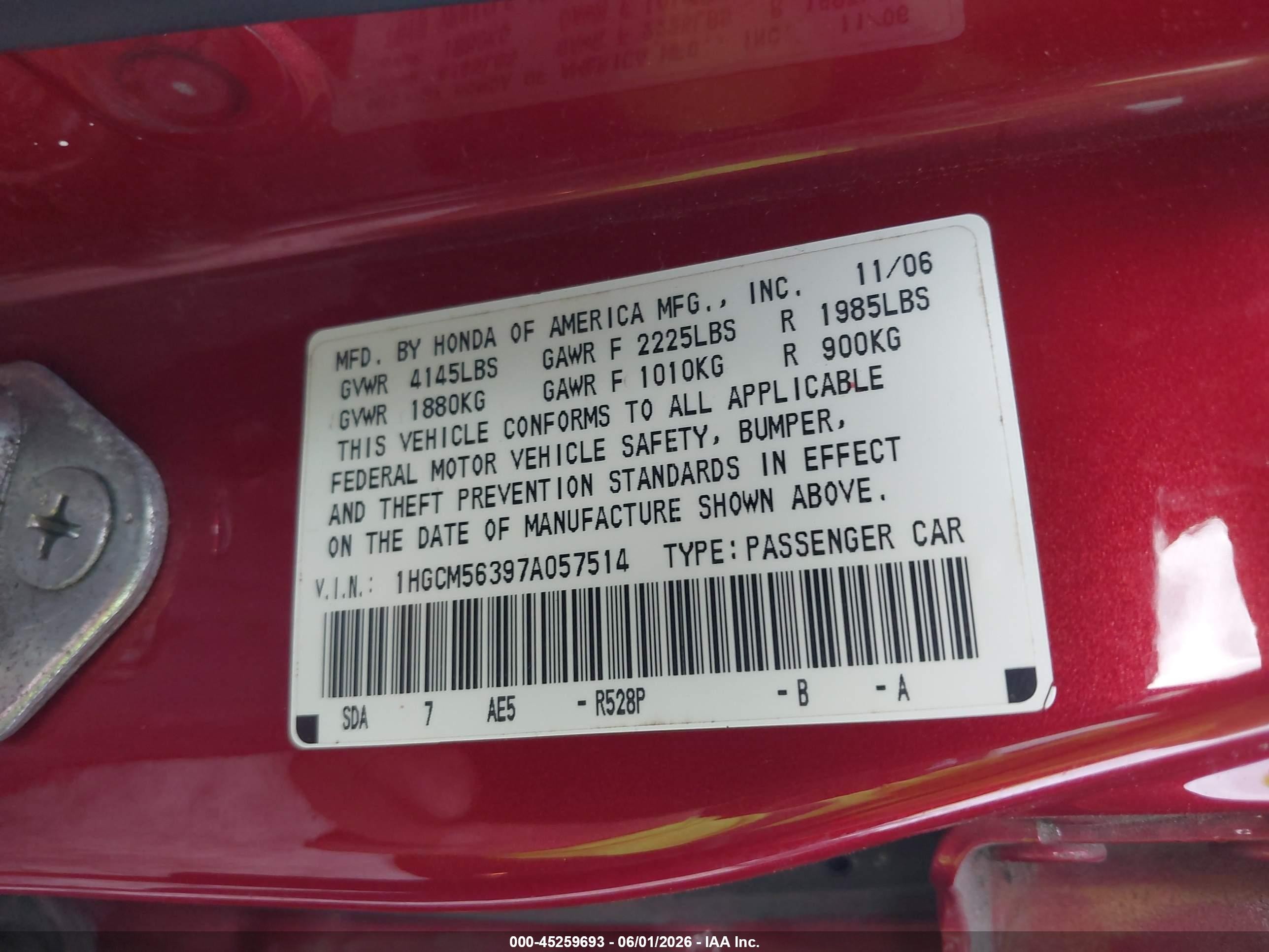 2007 Honda Accord 2.4 Se Red vin: 1HGCM56397A057514