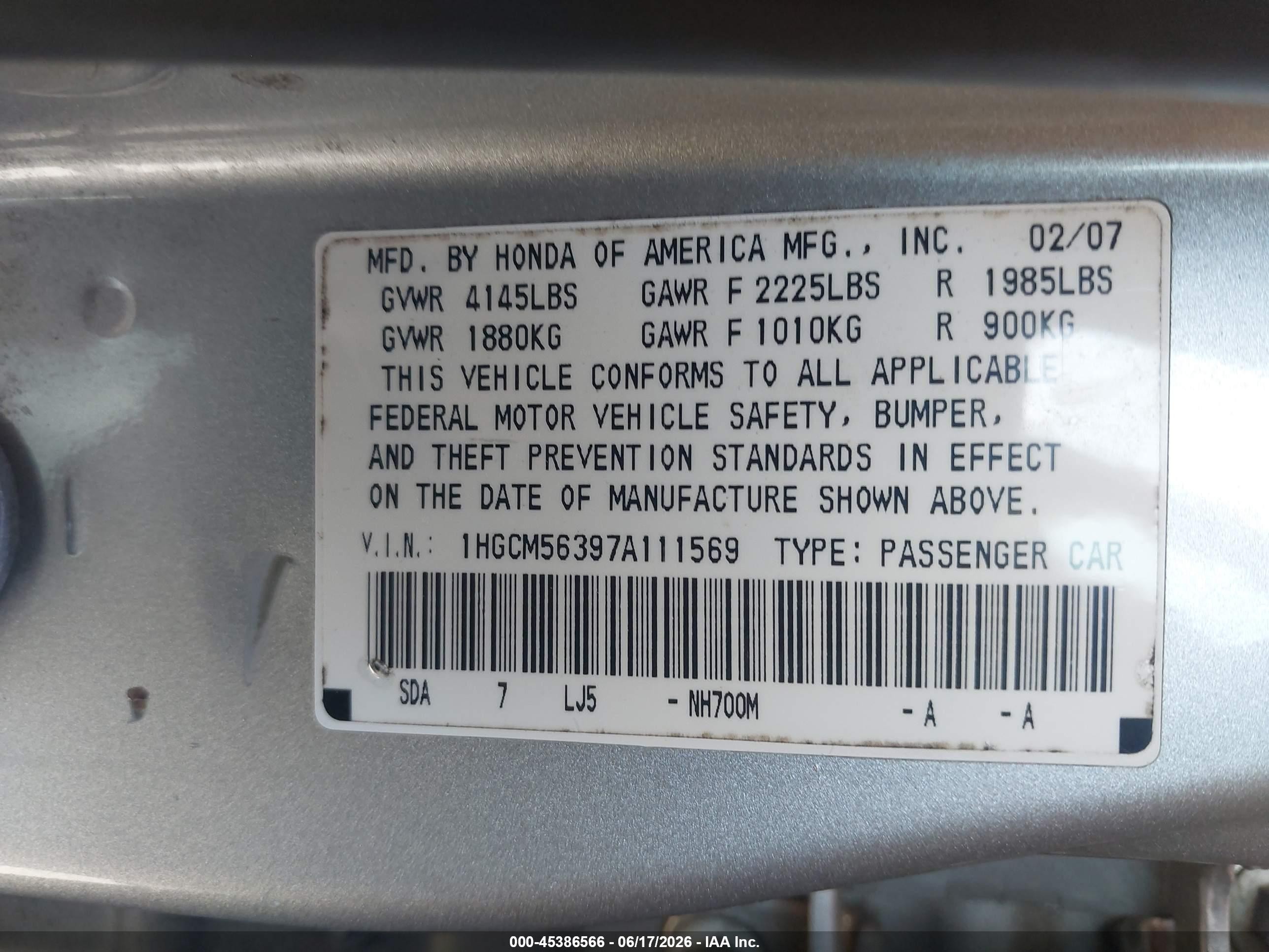 2007 Honda Accord 2.4 Se Silver vin: 1HGCM56397A111569