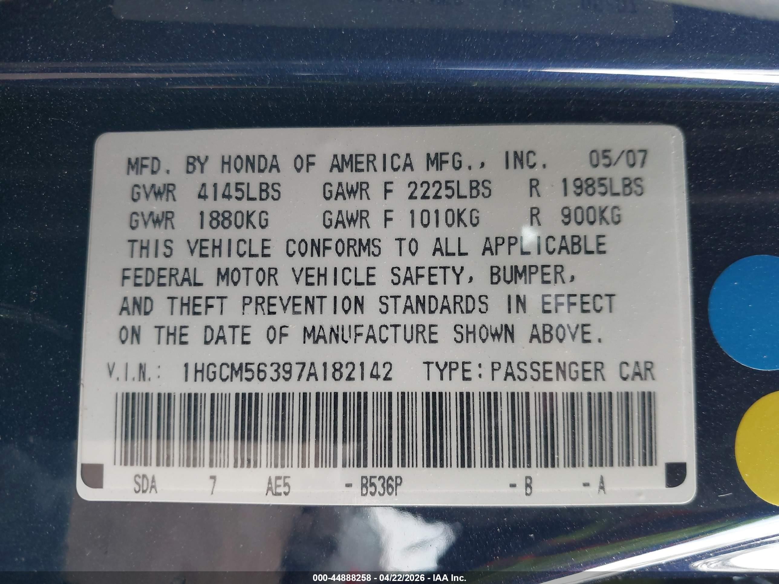2007 Honda Accord 2.4 Se Blue vin: 1HGCM56397A182142