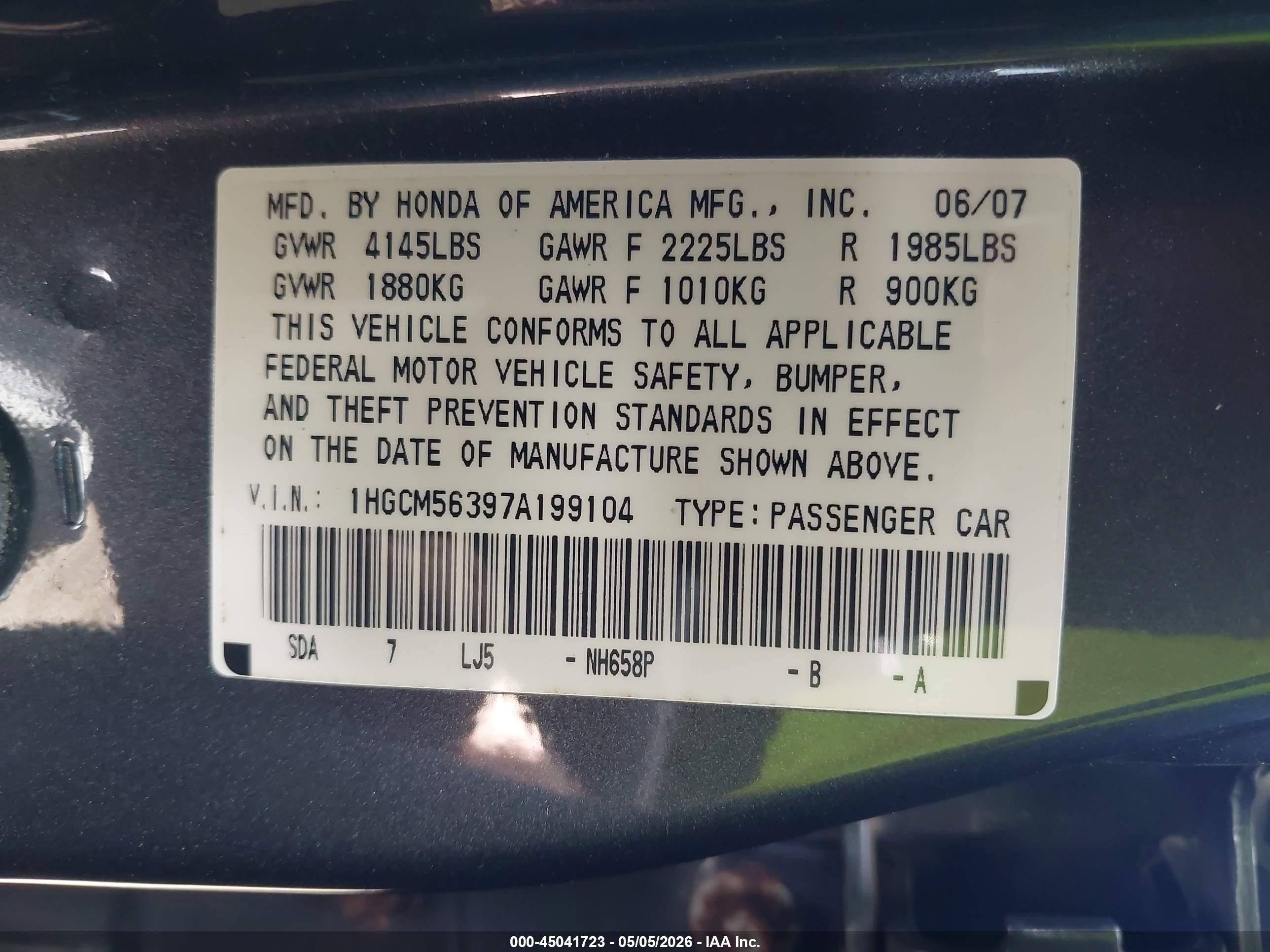 2007 Honda Accord 2.4 Se Gray vin: 1HGCM56397A199104